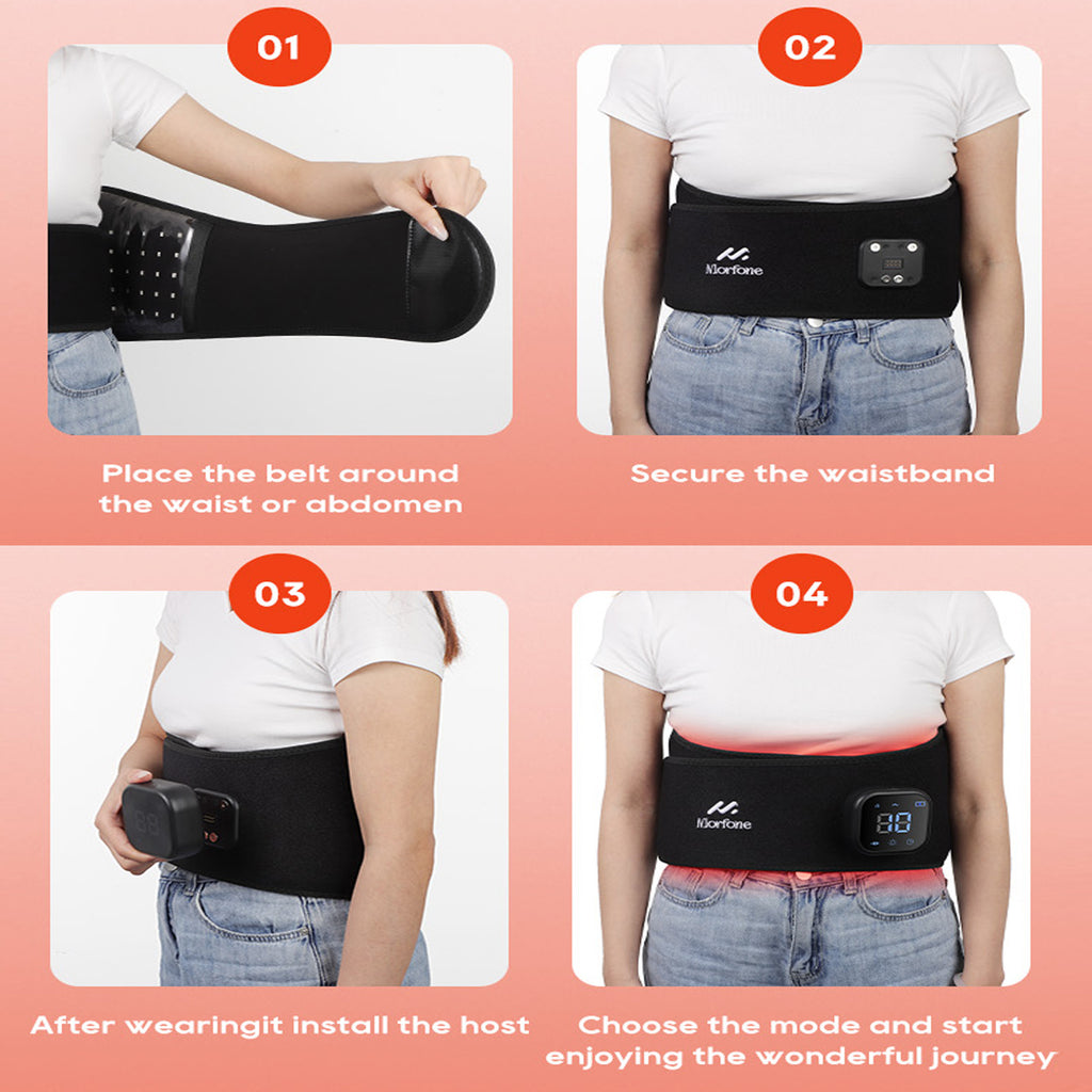 Morfone Cordless Red Light Belt with 3 Heat & 4 Vibration Massage, 660nm & 850n Infrared Red Light Back Massager Belt, Heating Pad for Back Waist Shoulder Leg Knee