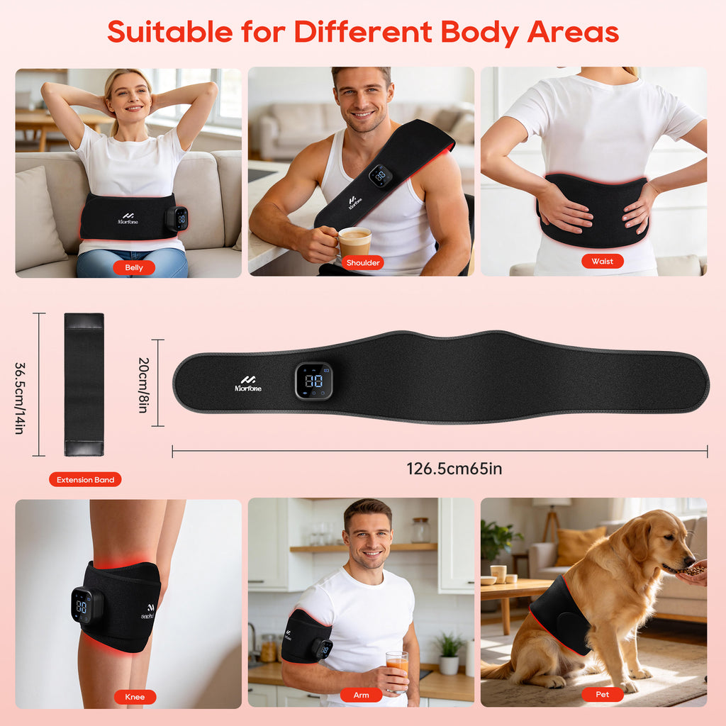 Morfone Cordless Red Light Belt with 3 Heat & 4 Vibration Massage, 660nm & 850n Infrared Red Light Back Massager Belt, Heating Pad for Back Waist Shoulder Leg Knee