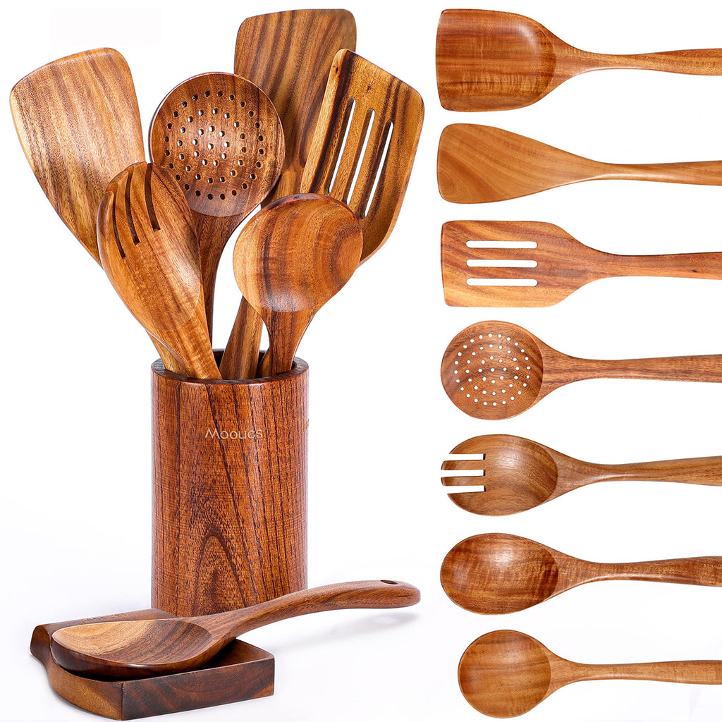 Mooues 9-Piece Natural Teak Wood Kitchen Utensil Set with Spoon Holder — Comfortable Grip Cooking Spoons and Utensil Storage Rack. Housewarming Gift