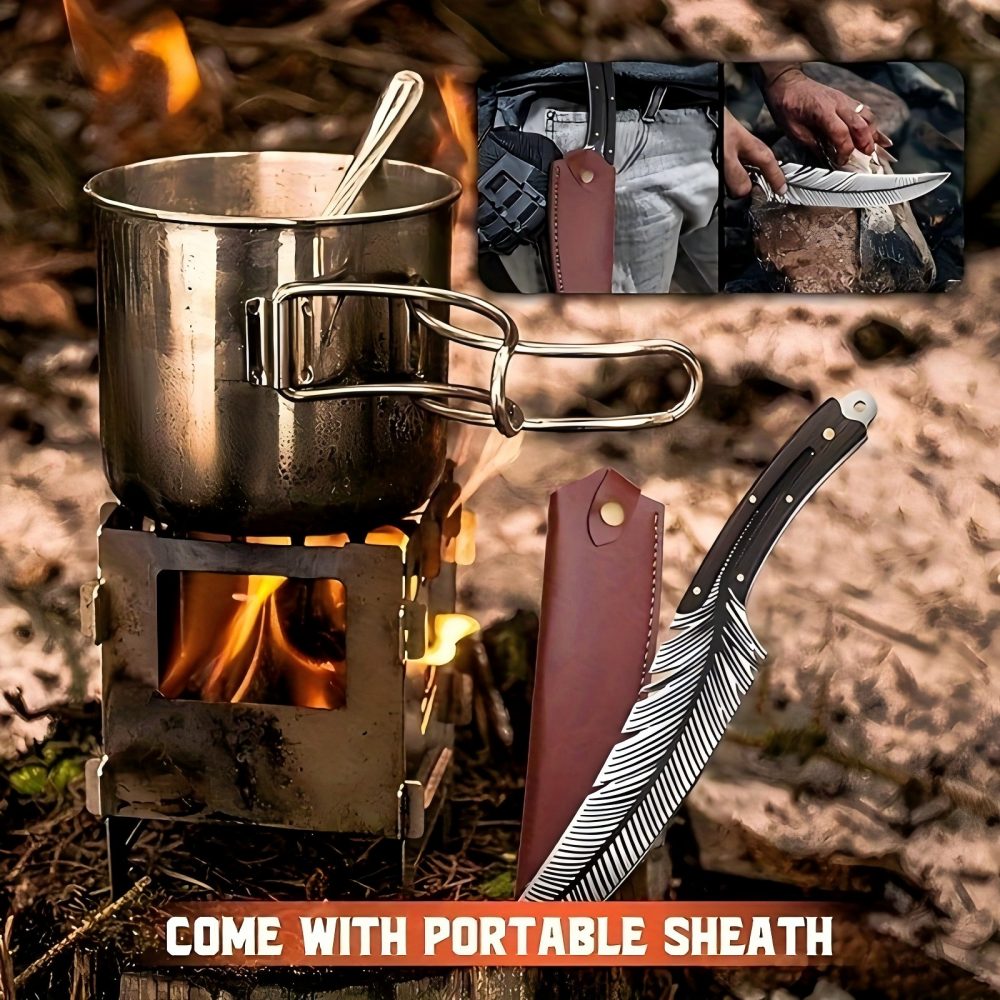 Mooues Leather Handled Chef Knife Sharp Outdoor BBQ Knife Meat Cutting Tool for Kitchen Camping and Barbecue