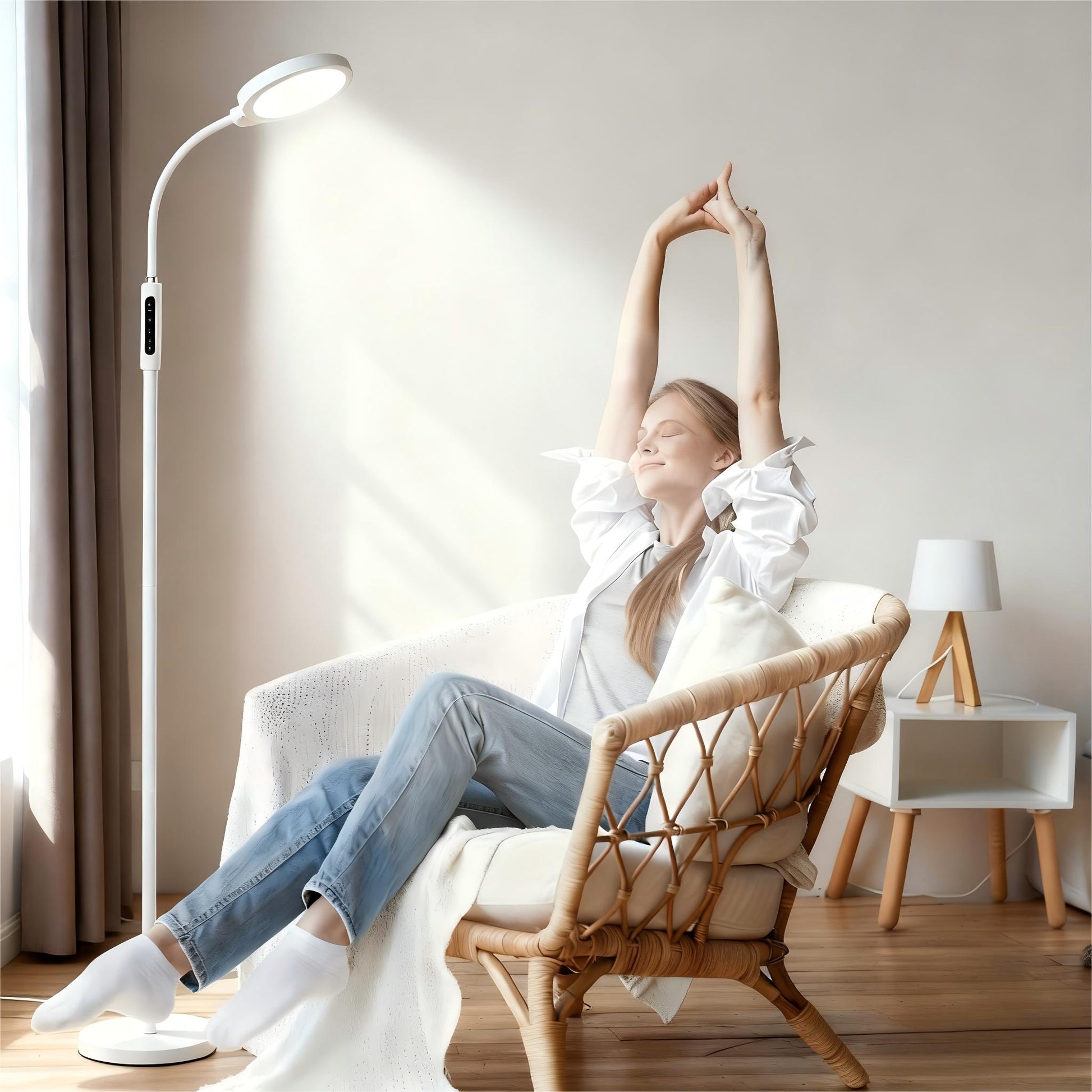 Morfone LED Full-Spectrum Happy Therapy Lamp. 10 adjustable brightness non-UV sunlight lamps, retractable floor-mounted phototherapy lamp