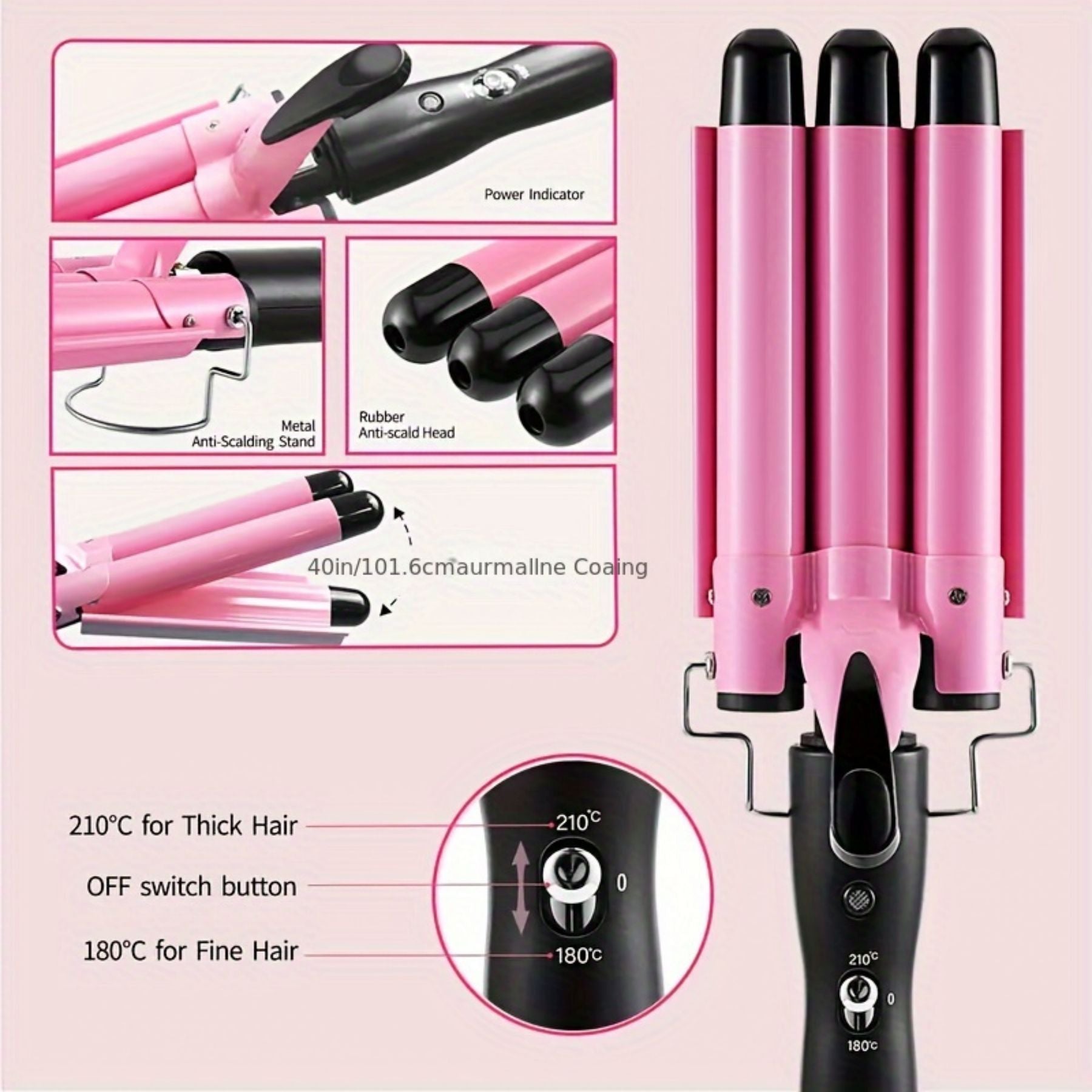 Morfone 22mm Triple-Barrel Curling Iron Adjustable-Temperature Ceramic Curler Large-Barrel Curler for All Hair Types Rapid-Heat Curling Iron (Pink)