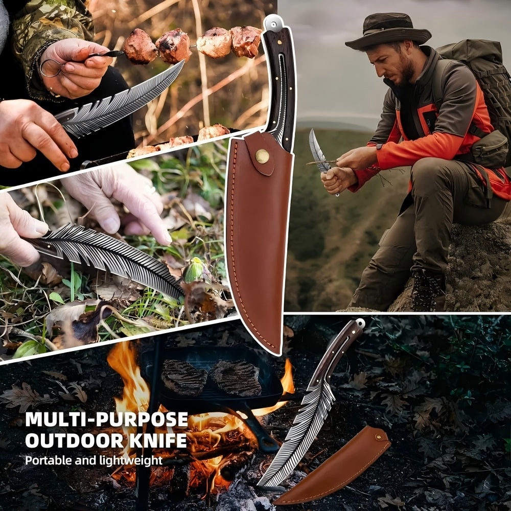 Mooues Leather Handled Chef Knife Sharp Outdoor BBQ Knife Meat Cutting Tool for Kitchen Camping and Barbecue