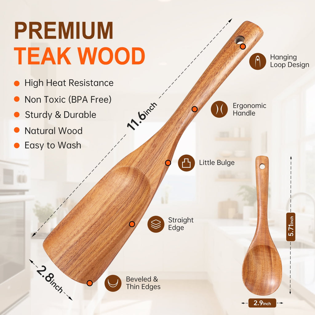 ACMETOP Wooden Spoon Utensils with Thick Handle, Set of 2, Wood Spatula for Frying Scraping and Mixing, Wooden Kitchen Cooking Utensils for Nonstick Cookware