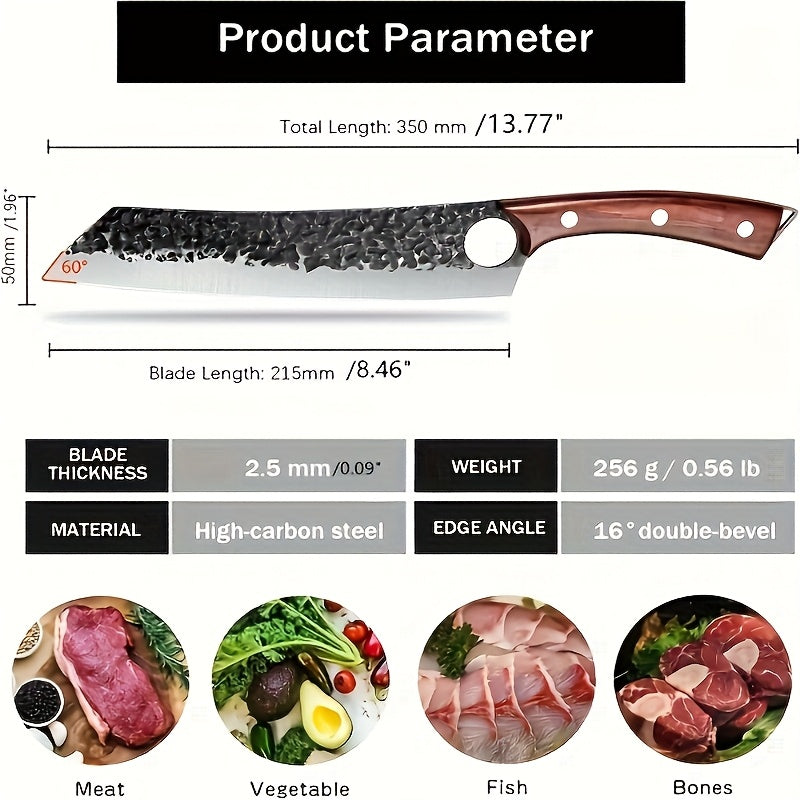 Mooues 2.2mm, 16° double-bevel high-carbon steel hand-forged knife, meat and vegetable slicing knife, finger hole design culinary kitchen knife