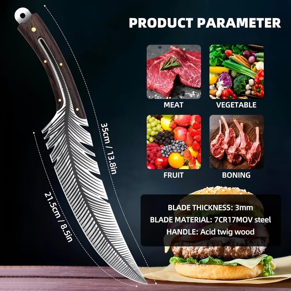 Mooues Leather Handled Chef Knife Sharp Outdoor BBQ Knife Meat Cutting Tool for Kitchen Camping and Barbecue