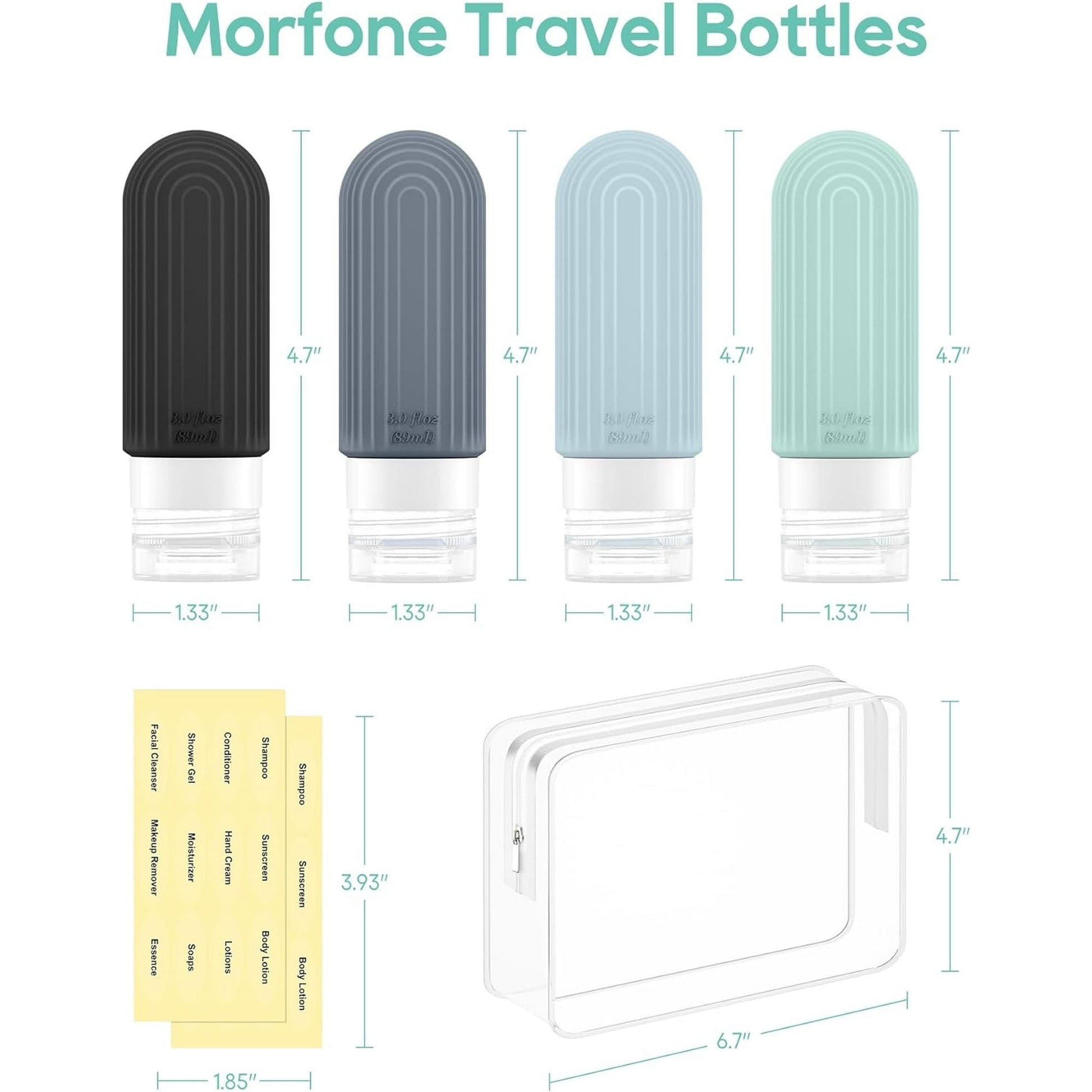 Morfone Travel Bottles for Toiletries,Tsa Approved 3oz Travel Size Containers BPA Free Leak Proof Refillable Liquid Silicone Squeezable Travel Accessories for Shampoo Conditioner Lotion (4 Pack)