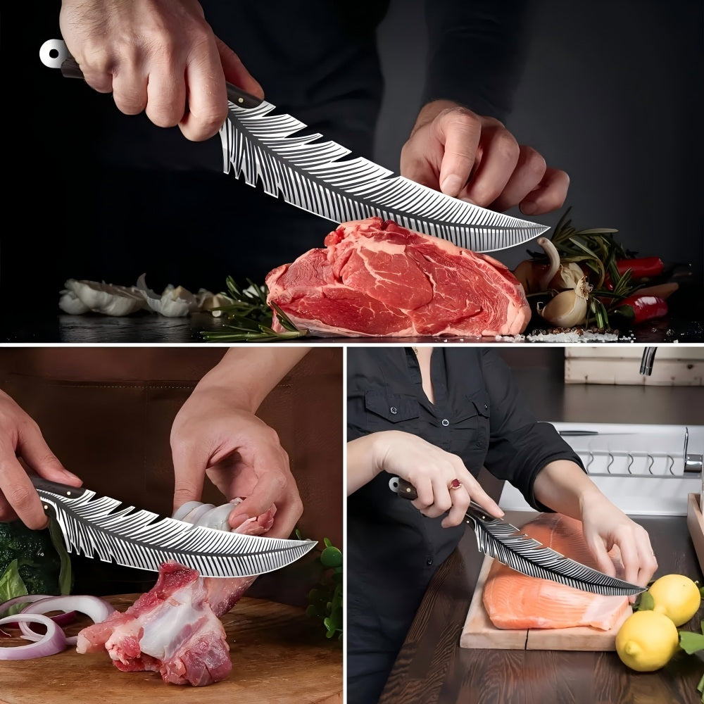 Mooues Leather Handled Chef Knife Sharp Outdoor BBQ Knife Meat Cutting Tool for Kitchen Camping and Barbecue