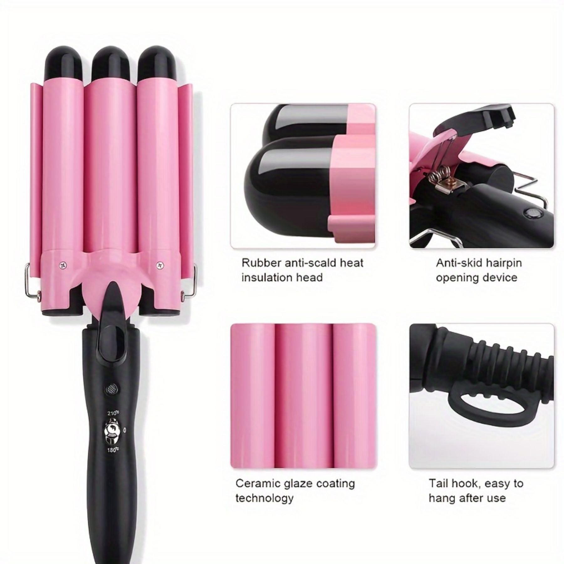 Morfone 22mm Triple-Barrel Curling Iron Adjustable-Temperature Ceramic Curler Large-Barrel Curler for All Hair Types Rapid-Heat Curling Iron (Pink)