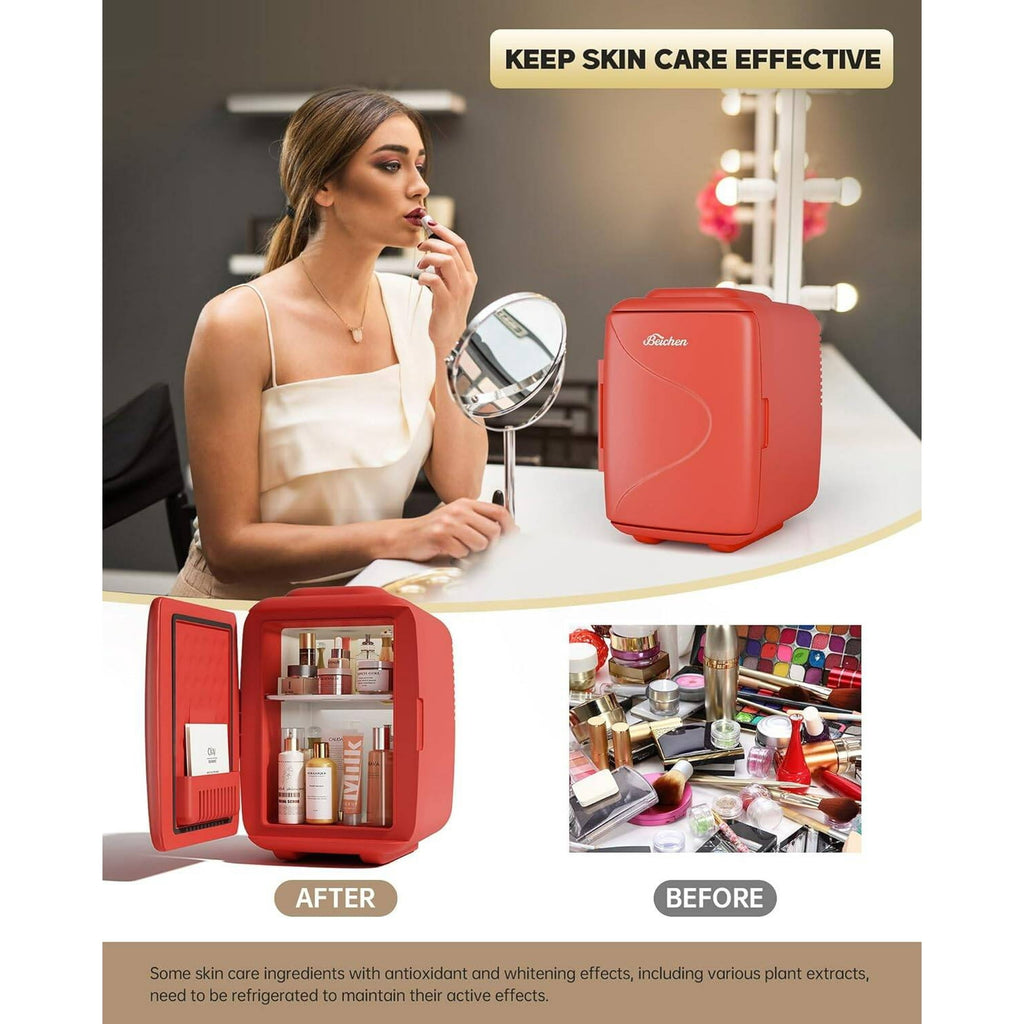 BEICHEN Mini Fridge [Upgraded], 4L/6 Can Skincare Fridge with Cooling & Warming, Portable Beauty Fridge for Bedroom, Makeup, Office, Car & Travel – Red