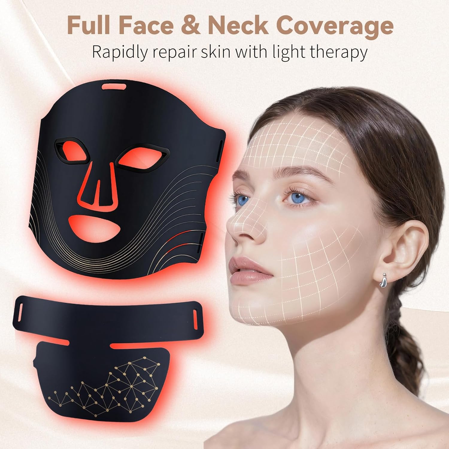 Morfone 660-850nm Wavelength Facial Mask + Neck Protector Red Light Therapy Beauty Device. 60+44 Light Beads, Rechargeable Timer Function