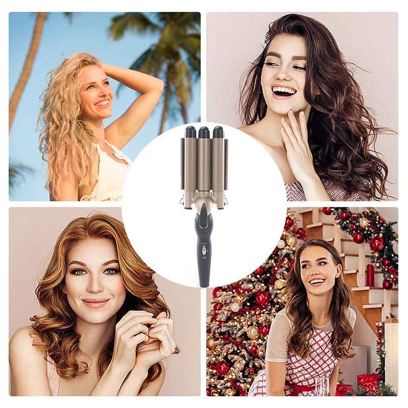 Morfone 22mm Triple Barrel Curling Iron with Ceramic Coating and Adjustable Temperature (Gold)