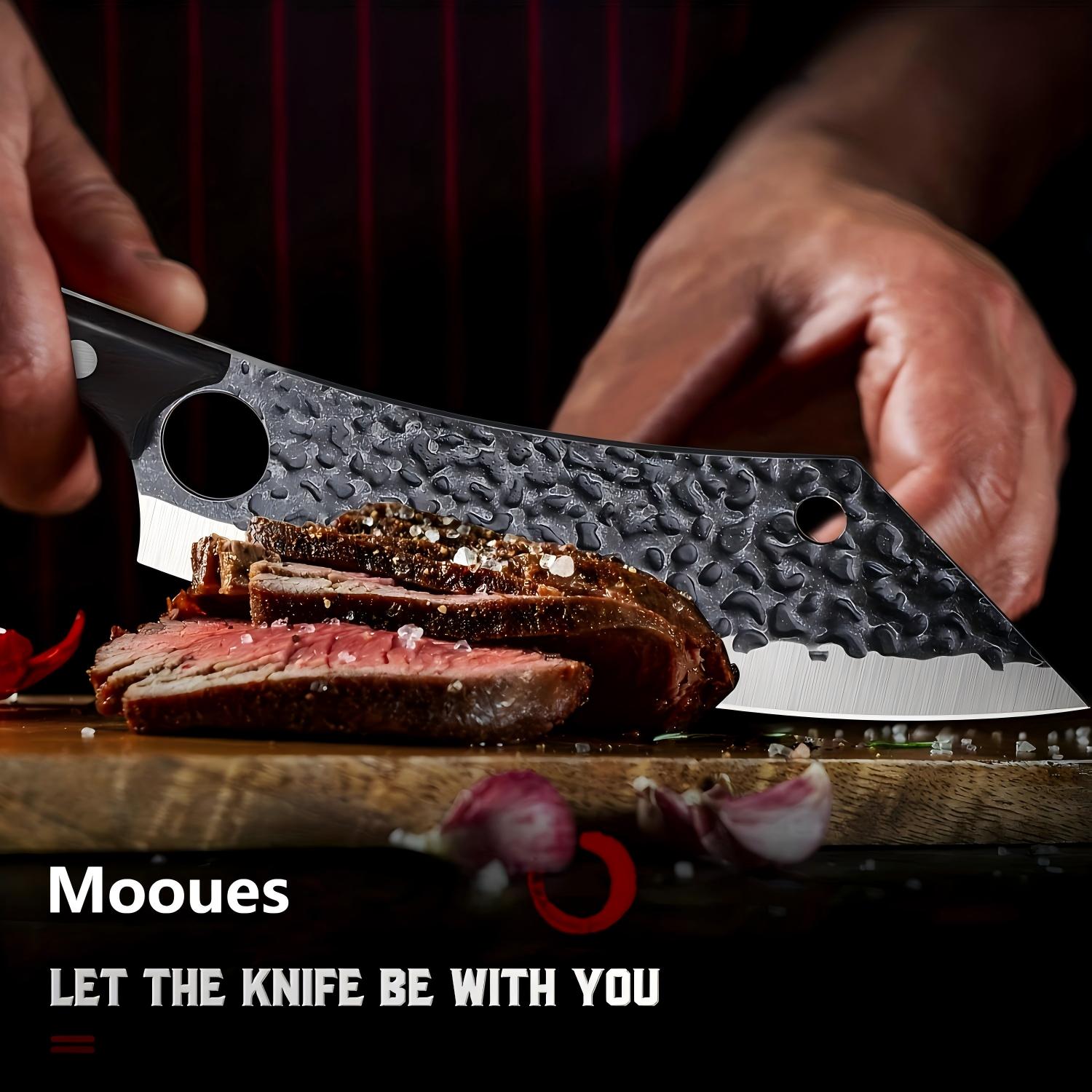 Mooues 2.2mm, 16° double-bevel high-carbon steel hand-forged knife, meat and vegetable slicing knife, finger hole design culinary kitchen knife