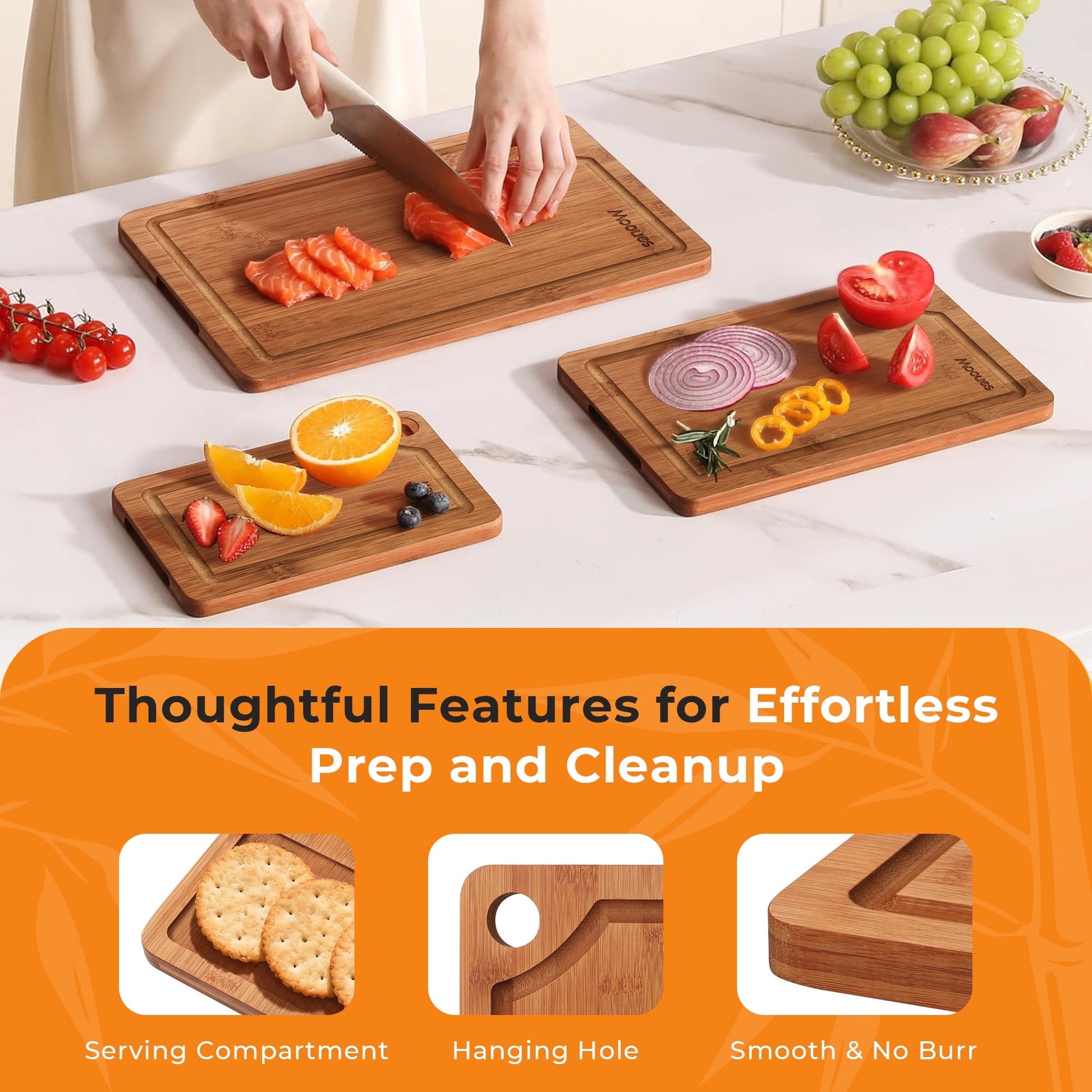 ACMETOP Wooden Cutting Boards for Kitchen, Reversible Deep-Carbonized Bamboo Cutting Board with Juice Groove, Knife-Friendly, Kitchen Gift (3 Pcs)