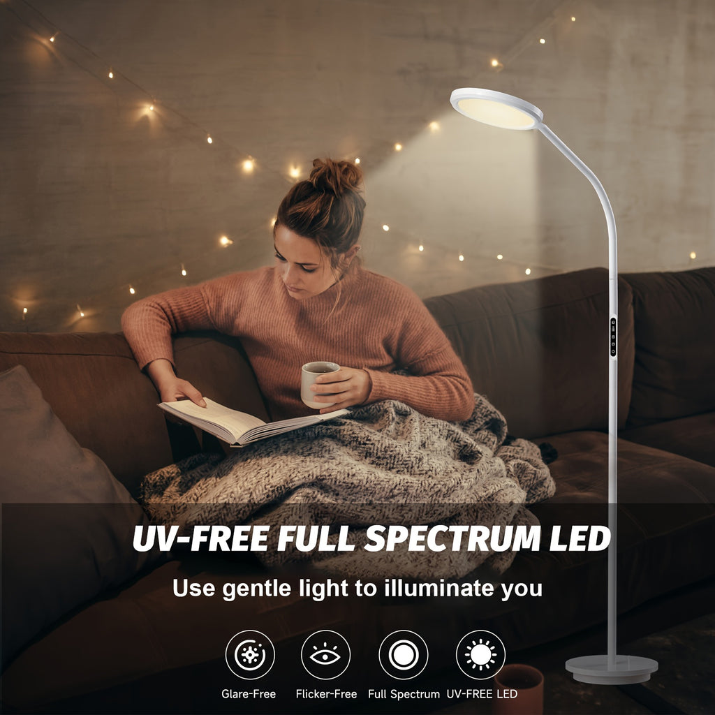 Morfone LED Full-Spectrum Happy Therapy Lamp. 10 adjustable brightness non-UV sunlight lamps, retractable floor-mounted phototherapy lamp