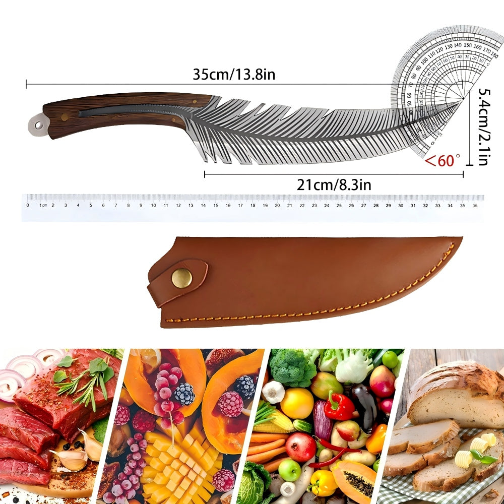 Mooues Leather Handled Chef Knife Sharp Outdoor BBQ Knife Meat Cutting Tool for Kitchen Camping and Barbecue