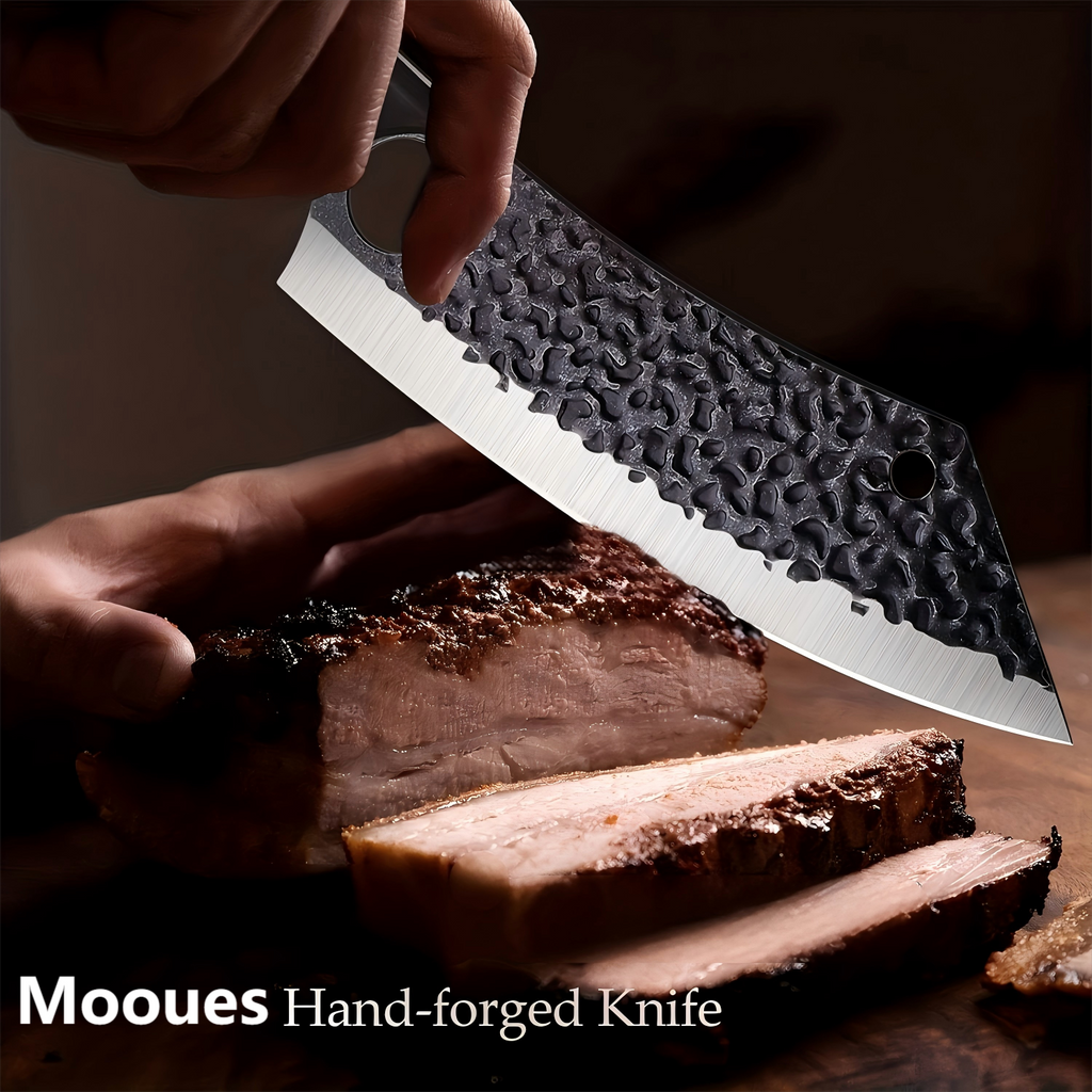 Mooues 2.2mm, 16° double-bevel high-carbon steel hand-forged knife, meat and vegetable slicing knife, finger hole design culinary kitchen knife