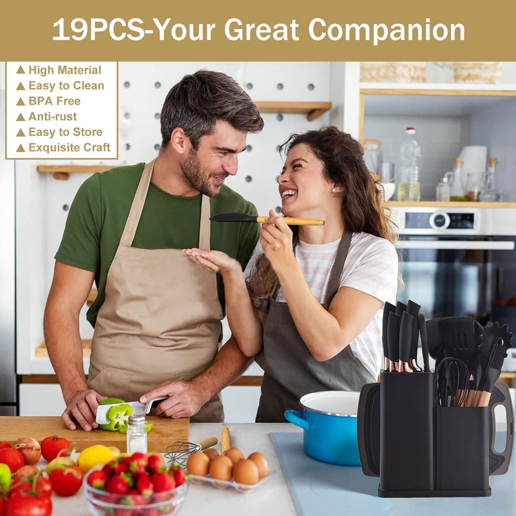 ACMETOP 19 Pieces Kitchen Utensils Set-11 Silicone Cooking Utensils Set, 6 Stainless Steel Sharp Knife set, 2 Cutting Board and Holder (Pink)