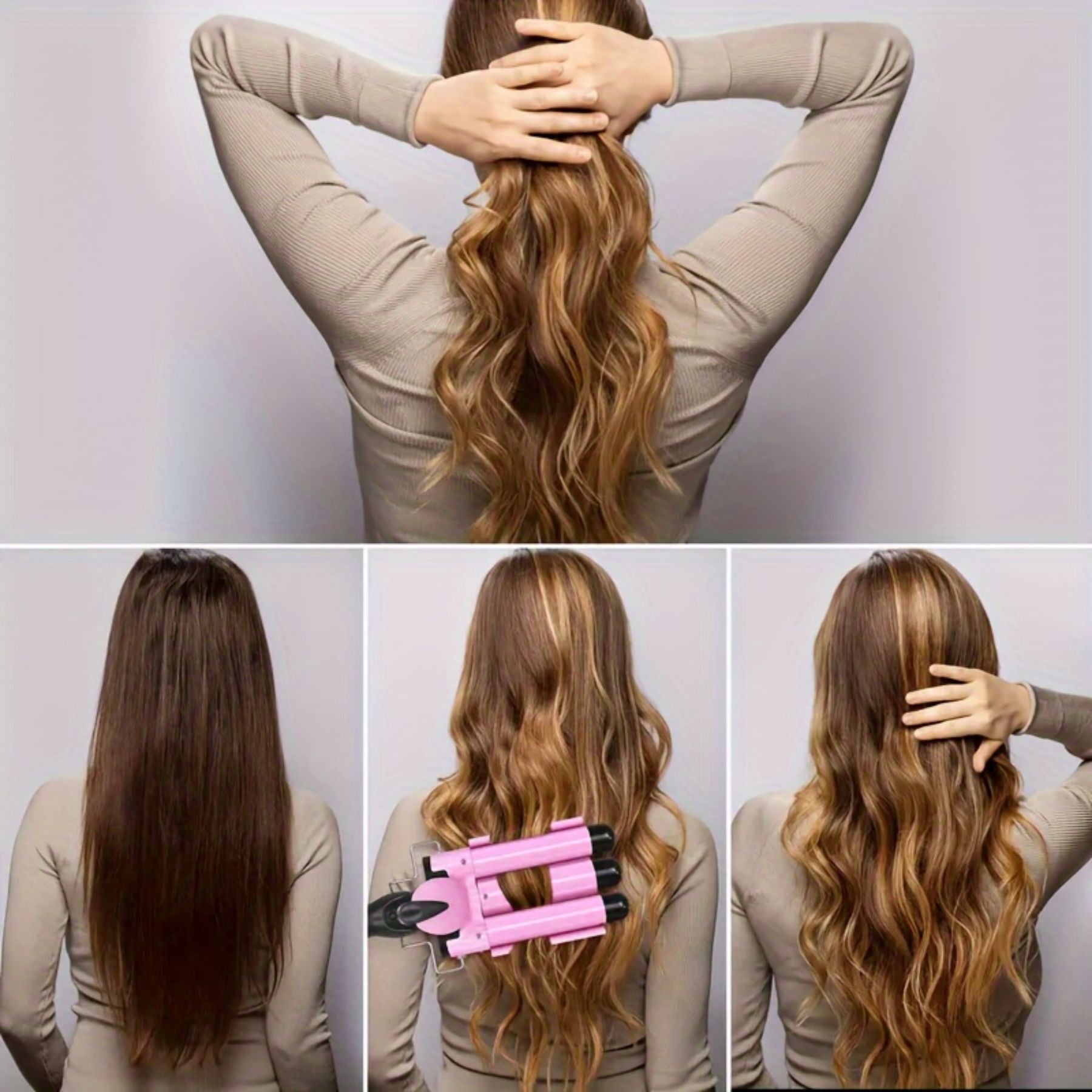 Morfone 22mm Triple-Barrel Curling Iron Adjustable-Temperature Ceramic Curler Large-Barrel Curler for All Hair Types Rapid-Heat Curling Iron (Pink)