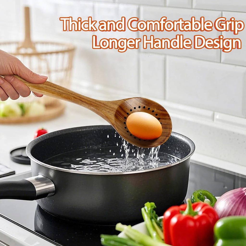 ACMETOP Wooden Spoons for Cooking, 9 Pcs Natural Teak Kitchen Utensil Set with Utensils Holder & Spoon Rest, Wooden Cooking Utensils for Nonstick Pans & Cookware