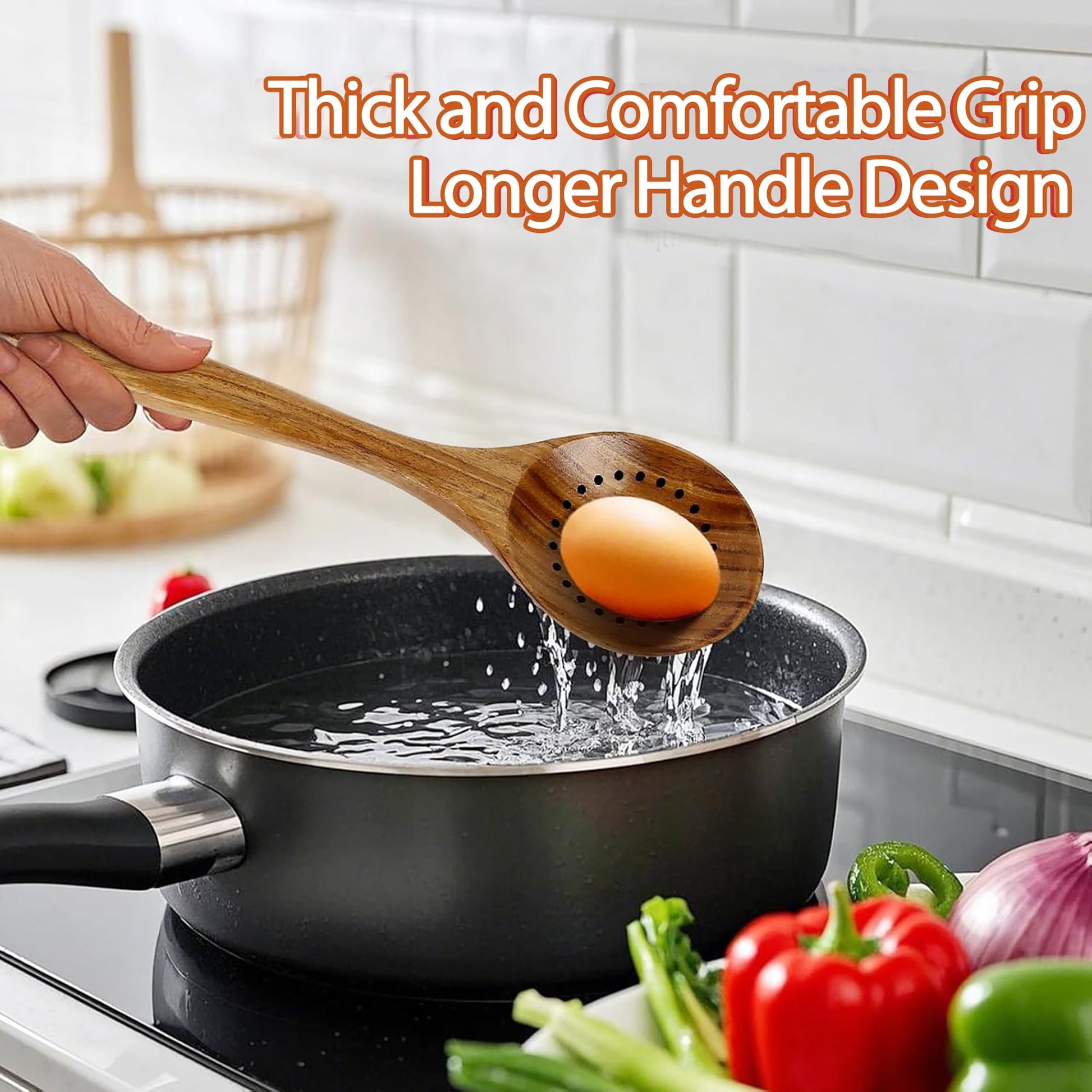 ACMETOP Wooden Spoons for Cooking, 9 Pcs Natural Teak Kitchen Utensil Set with Utensils Holder & Spoon Rest, Wooden Cooking Utensils for Nonstick Pans & Cookware