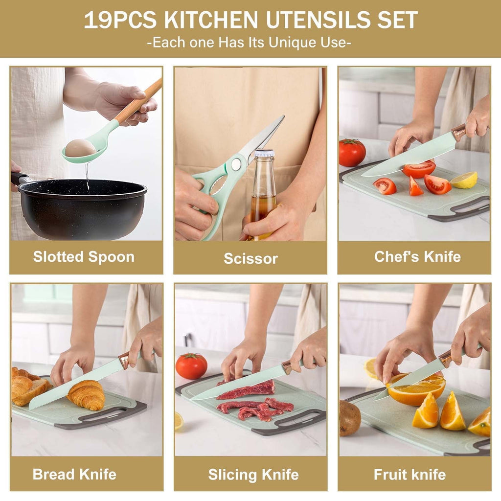 ACMETOP 19 Pieces Kitchen Utensils Set-11 Silicone Cooking Utensils Set, 6 Stainless Steel Sharp Knife set, 2 Cutting Board and Holder (Pink)