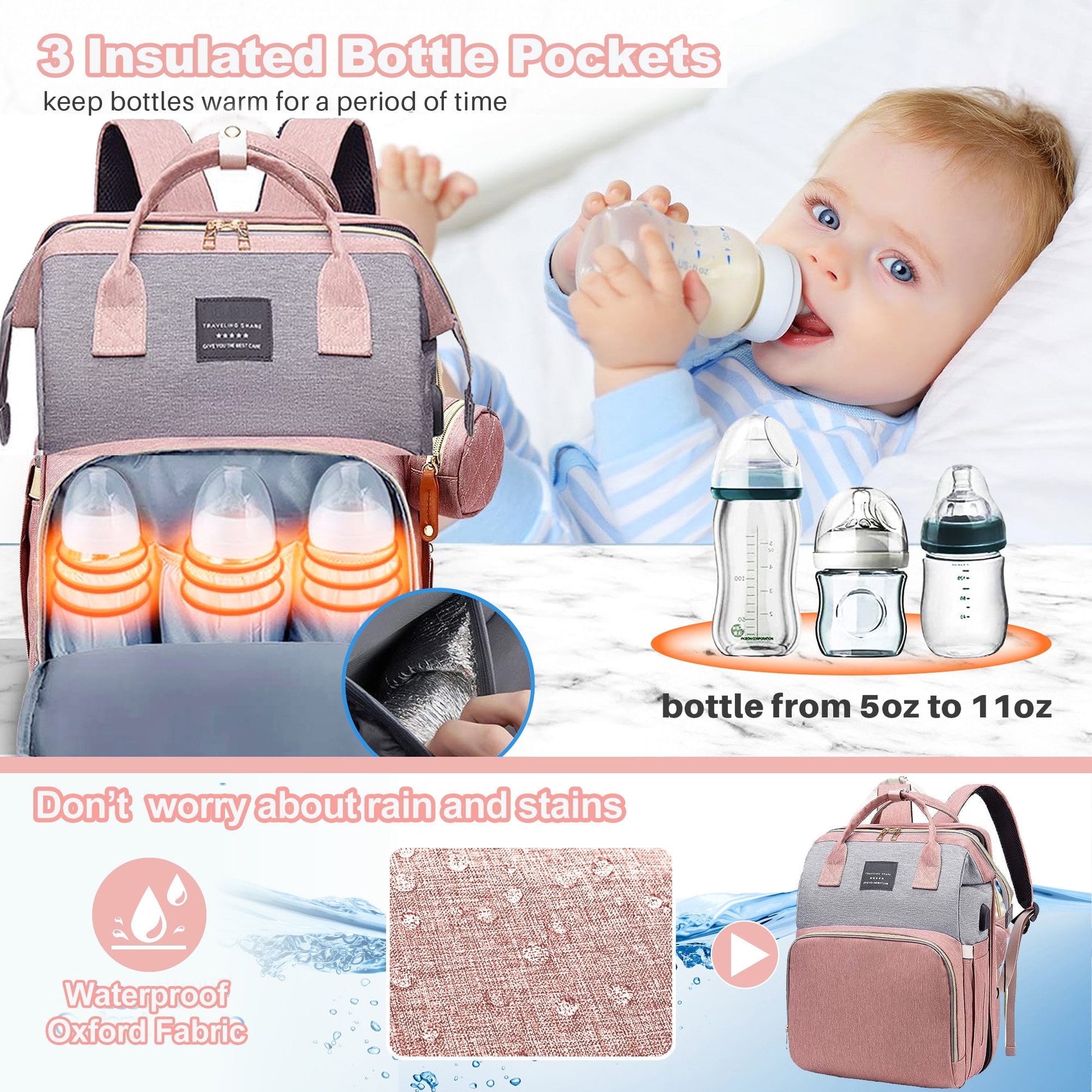 Morfone Baby Diaper Bag Backpack with Changing Station, Large Capacity Baby Bag, Waterproof Travel Backpack with USB Charging Port, Stroller Straps , Baby Shower Gifts