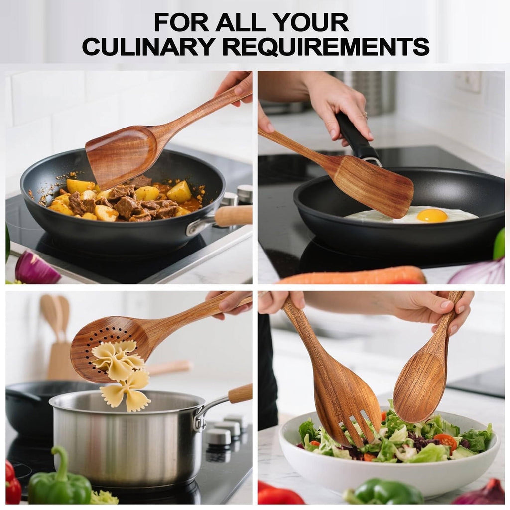 ACMETOP 6-Piece Natural Teak Wooden Spoons for Cooking With 10 Hooks，Handcrafted Kitchen Utensils Set ，Ideal Gift Set