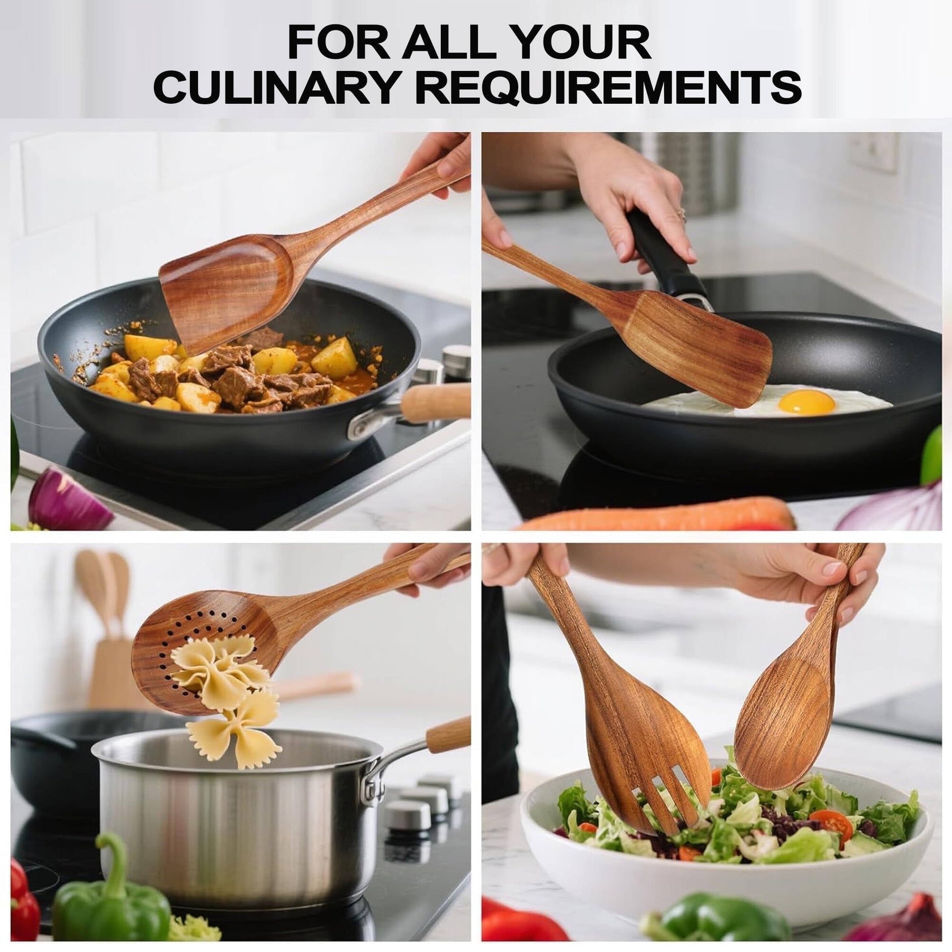 ACMETOP 6-Piece Natural Teak Wooden Spoons for Cooking With 10 Hooks，Handcrafted Kitchen Utensils Set ，Ideal Gift Set