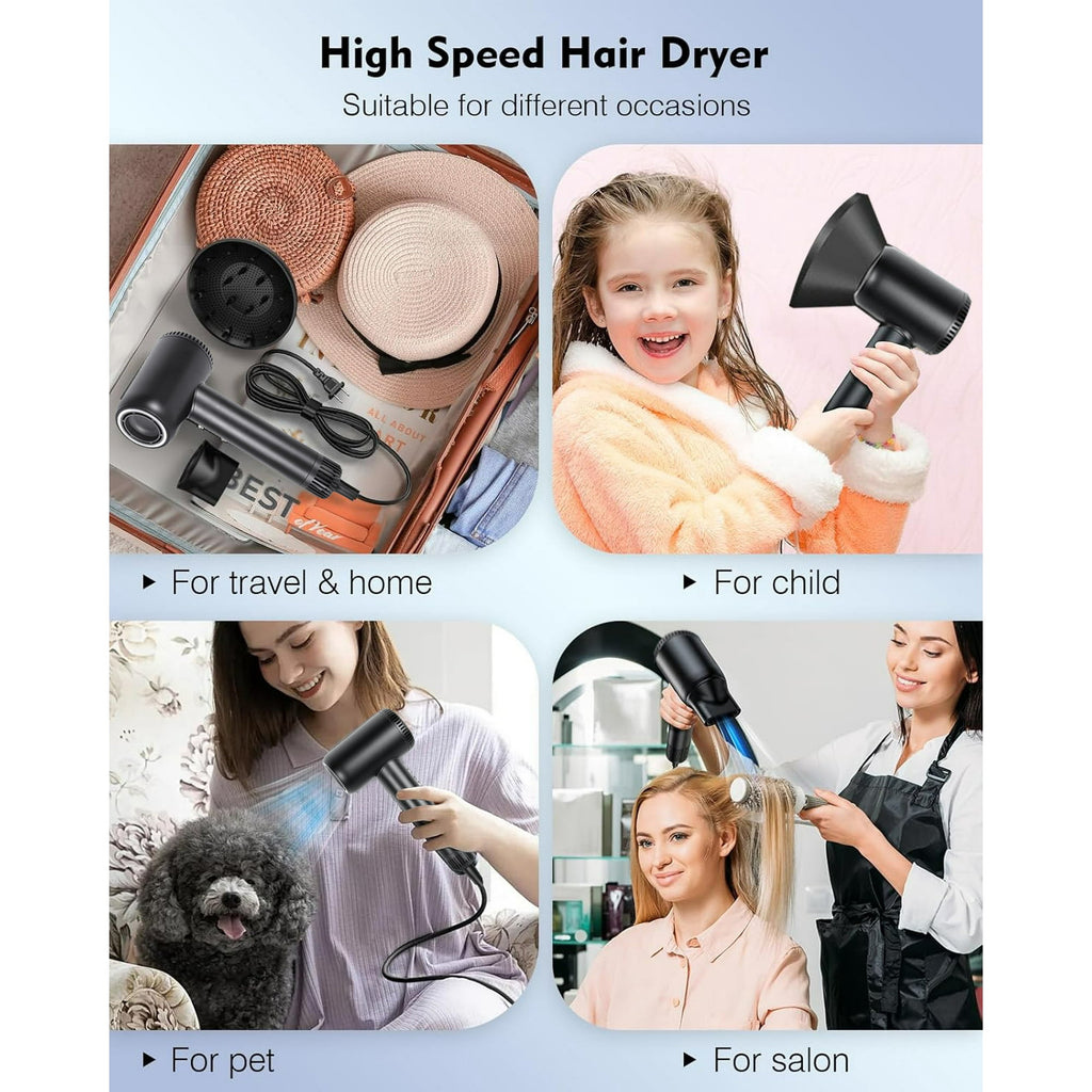 Morfone Hair Dryer, High Speed 160000 RPM Blow Dryer with Magnetic Diffuser and Concentrator, 500 Million Negative Ions, Lightweight, Thermo-Control, Fast Drying for Home Travel Salon