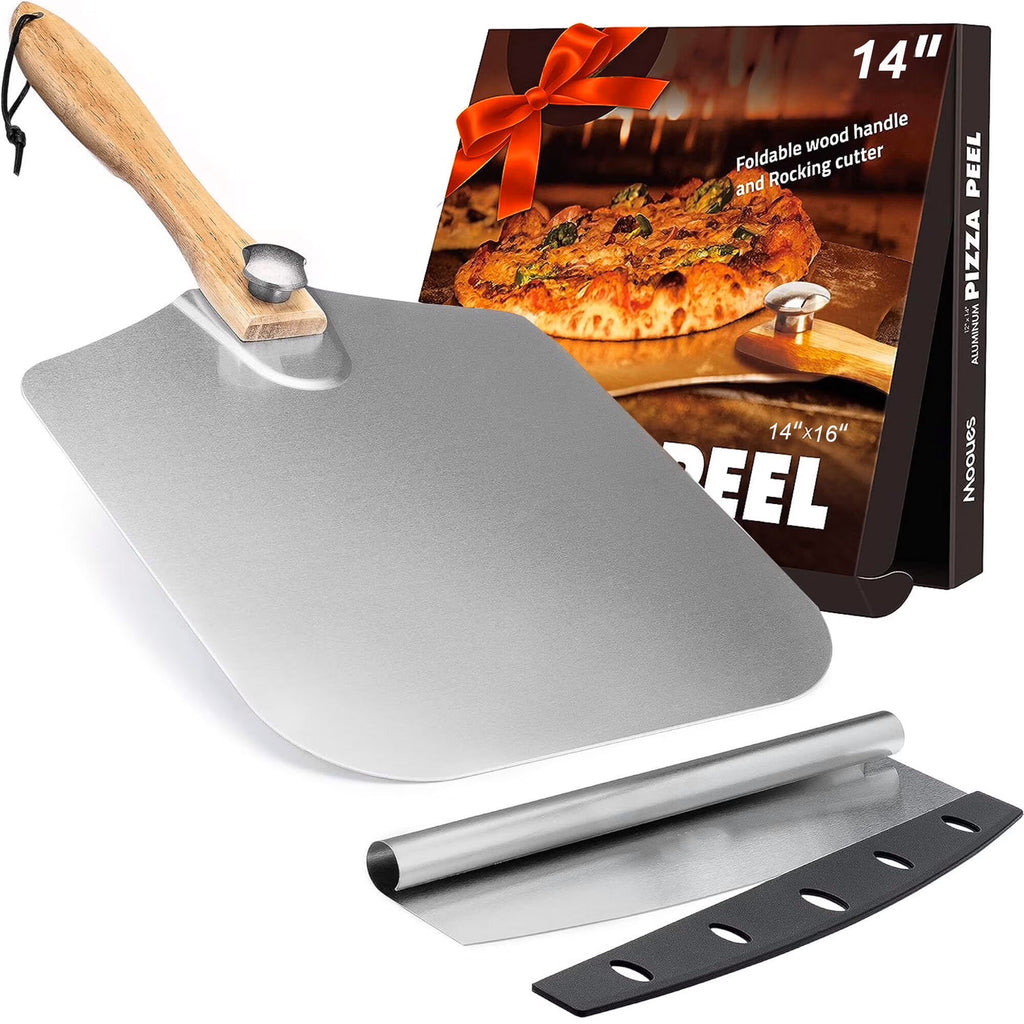 ACMETOP Pizza Peel 14 inch, Aluminum Metal Pizza Paddle Spatula with Foldable Wood Handle Rocker Cutter, Pizza Oven Accessories for Baking Homemade Pizza Bread
