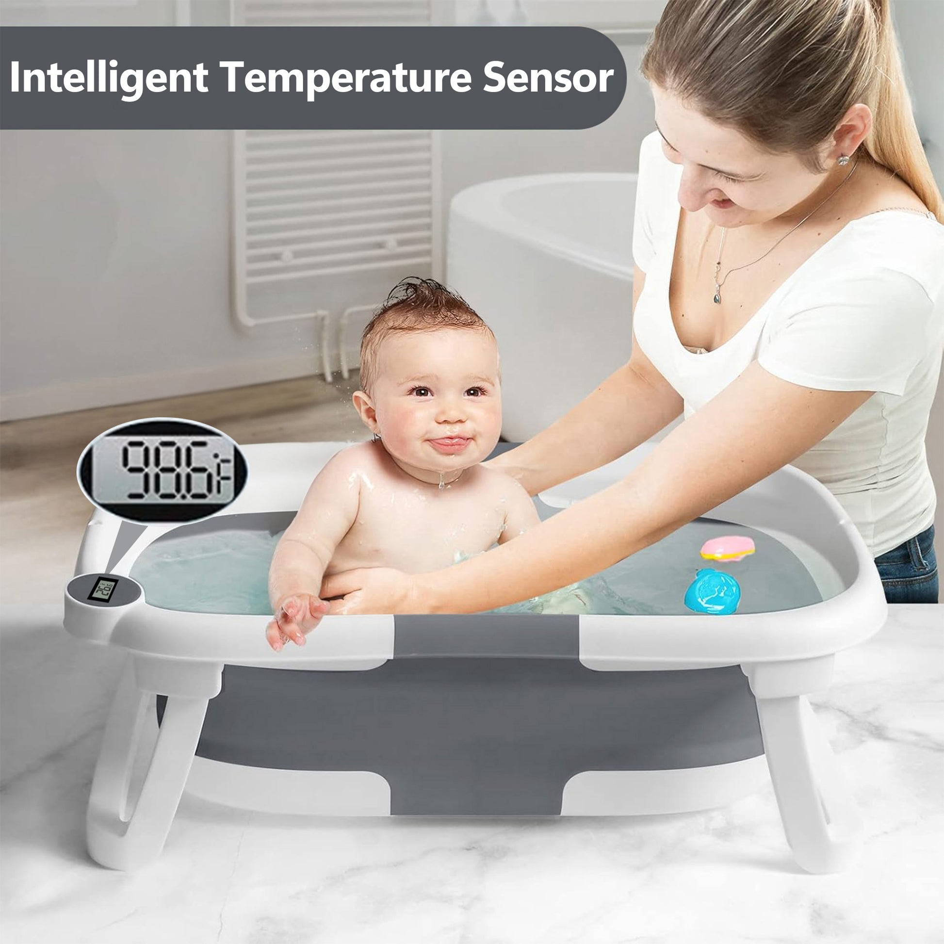 Morfone Collapsible Baby Bathtub for Newborn to Toddler 0-36 months with Thermometer, Hooded Towel, Soft Cushion and Bath Toys, Portable Travel Baby Tub with Drain Hole