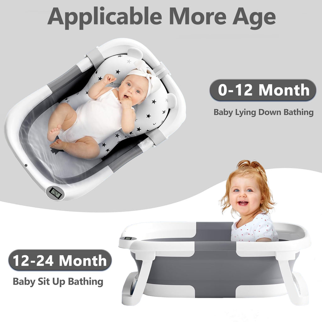 Morfone Collapsible Baby Bathtub for Newborn to Toddler 0-36 months with Thermometer, Hooded Towel, Soft Cushion and Bath Toys, Portable Travel Baby Tub with Drain Hole