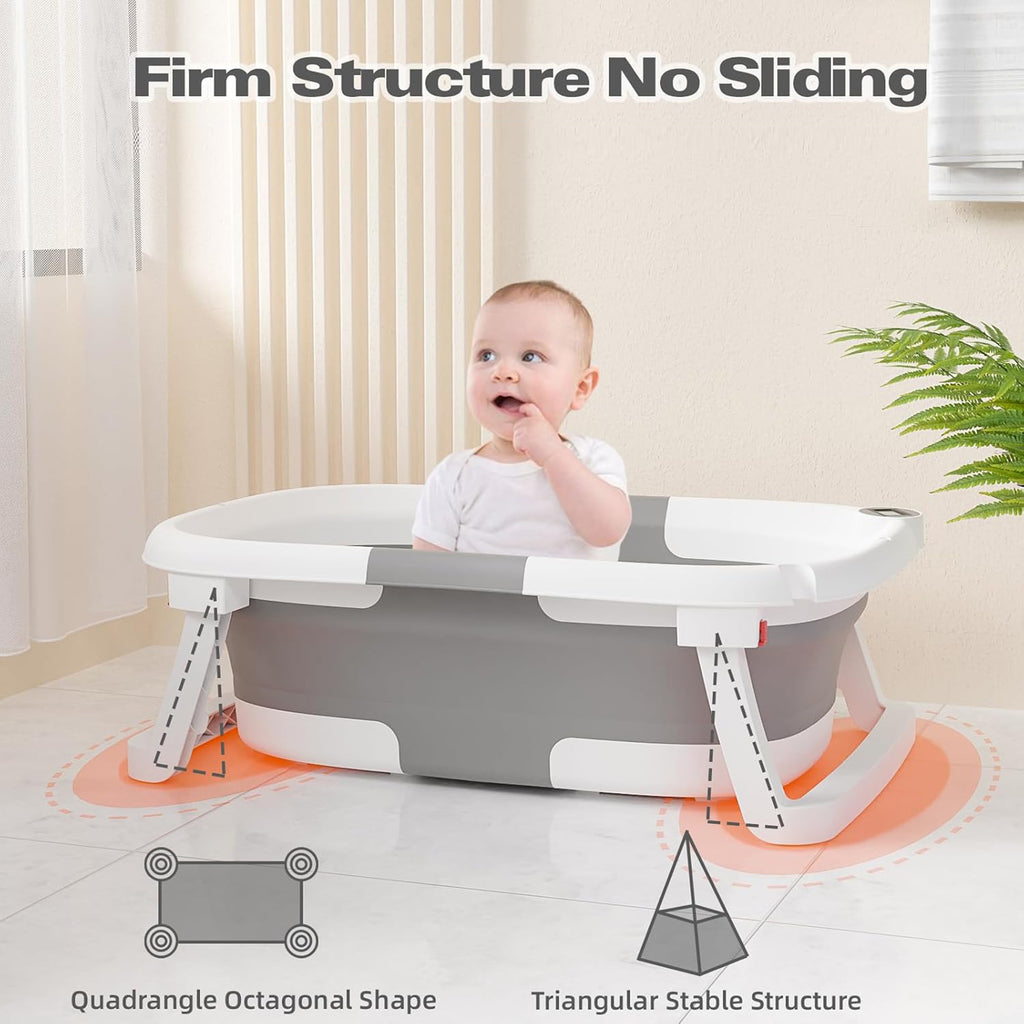 Morfone Collapsible Baby Bathtub for Newborn to Toddler 0-36 months with Thermometer, Hooded Towel, Soft Cushion and Bath Toys, Portable Travel Baby Tub with Drain Hole