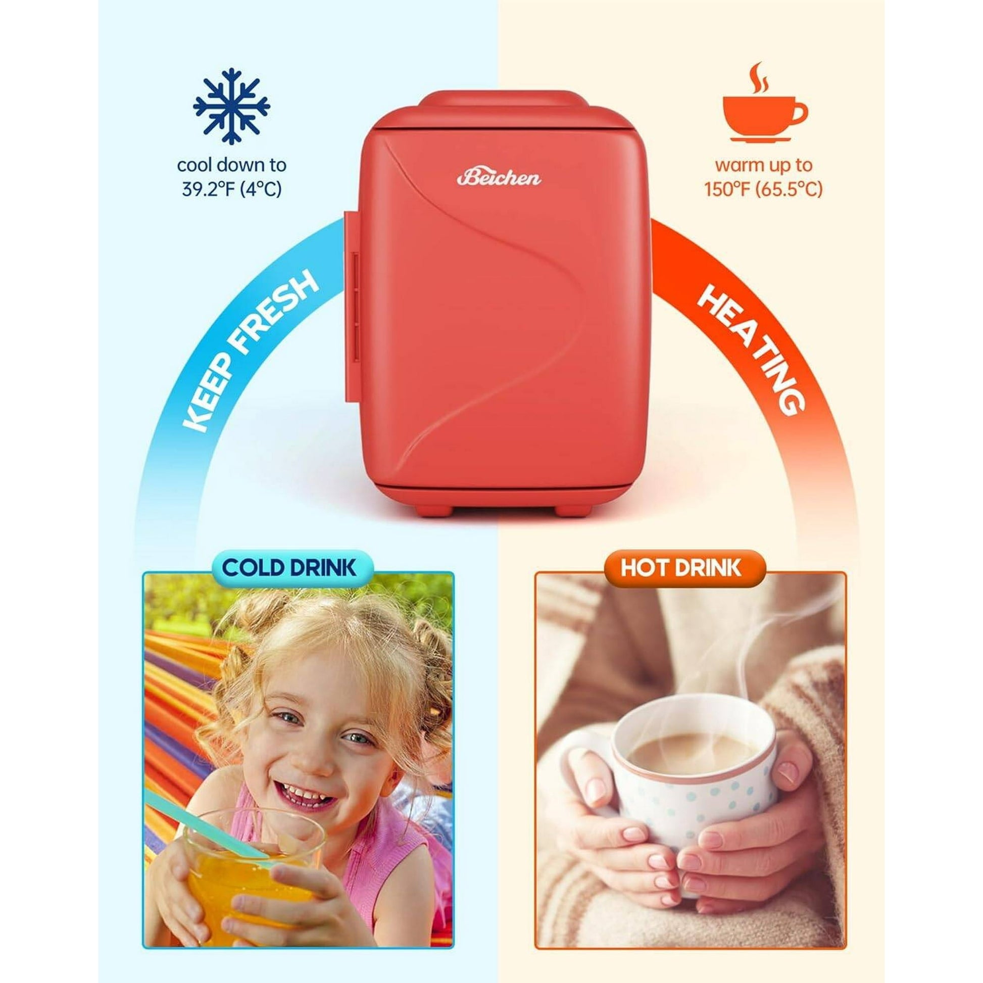 BEICHEN Mini Fridge [Upgraded], 4L/6 Can Skincare Fridge with Cooling & Warming, Portable Beauty Fridge for Bedroom, Makeup, Office, Car & Travel – Red