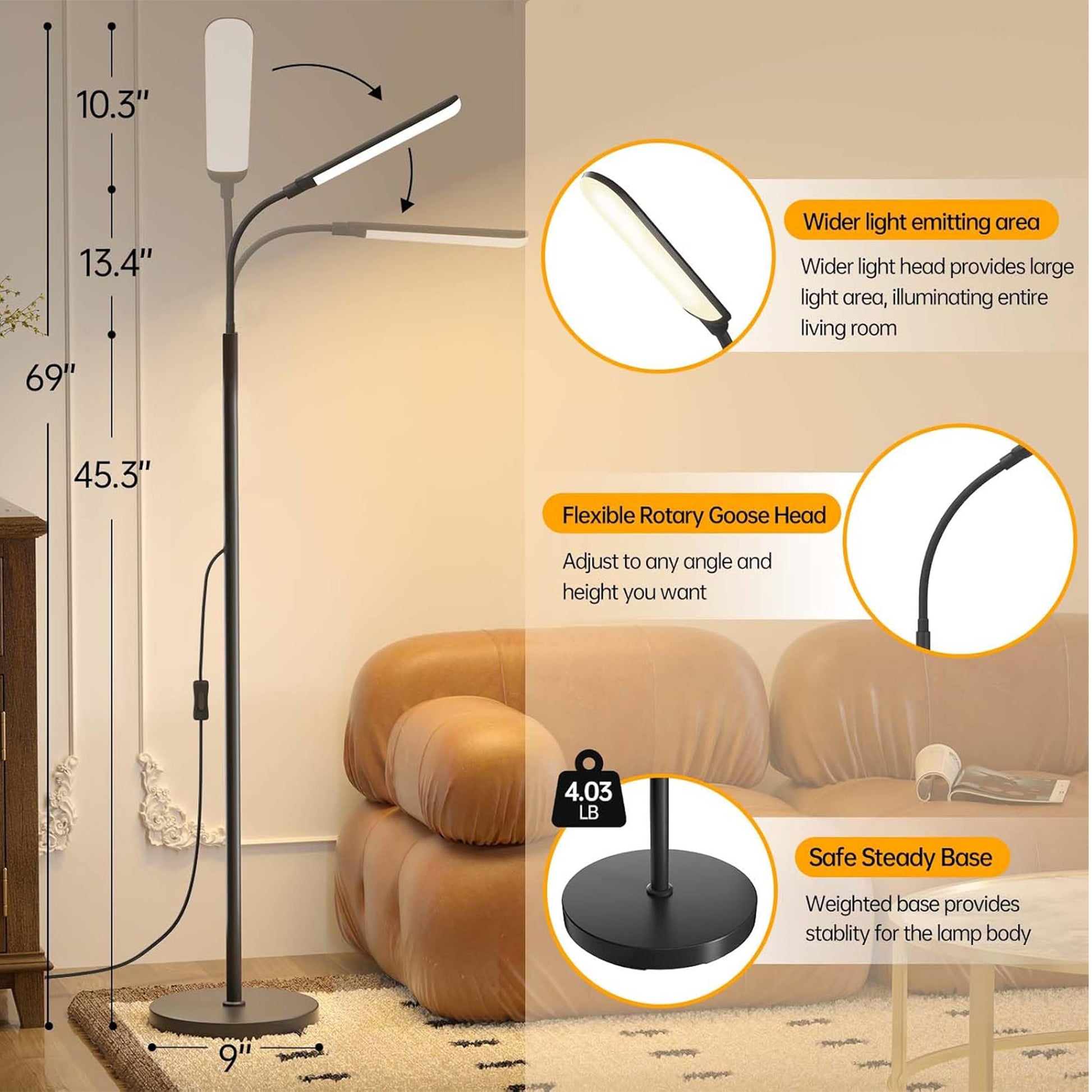 ACMETOP LED Floor Lamp for Living Room with Remote Control, Standing Lamp with Stepless Dimmable & 4 Color Temperatures Bulb