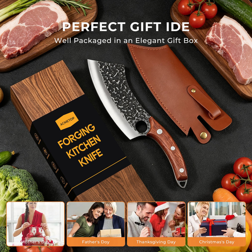 ACMETOP Kitchen Knife, Hand Forged Chef Knife, Meat Cleaver Knife with Sheath, Full Tang Butcher Knife for Camping, BBQ, Christmas Gift for Men and Women
