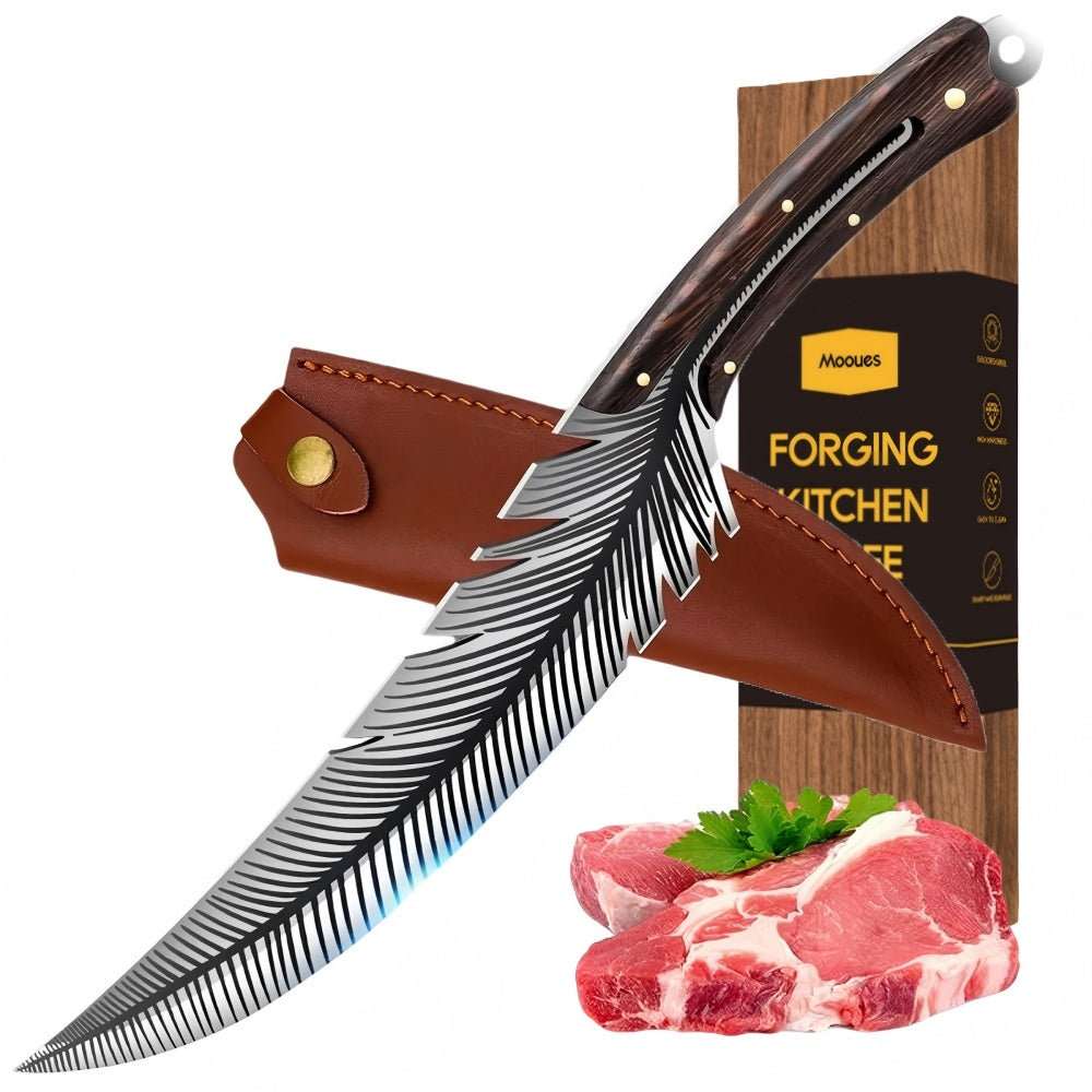 Mooues Leather Handled Chef Knife Sharp Outdoor BBQ Knife Meat Cutting Tool for Kitchen Camping and Barbecue