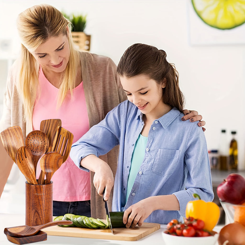 Mooues 9-Piece Natural Teak Wood Kitchen Utensil Set with Spoon Holder — Comfortable Grip Cooking Spoons and Utensil Storage Rack. Housewarming Gift