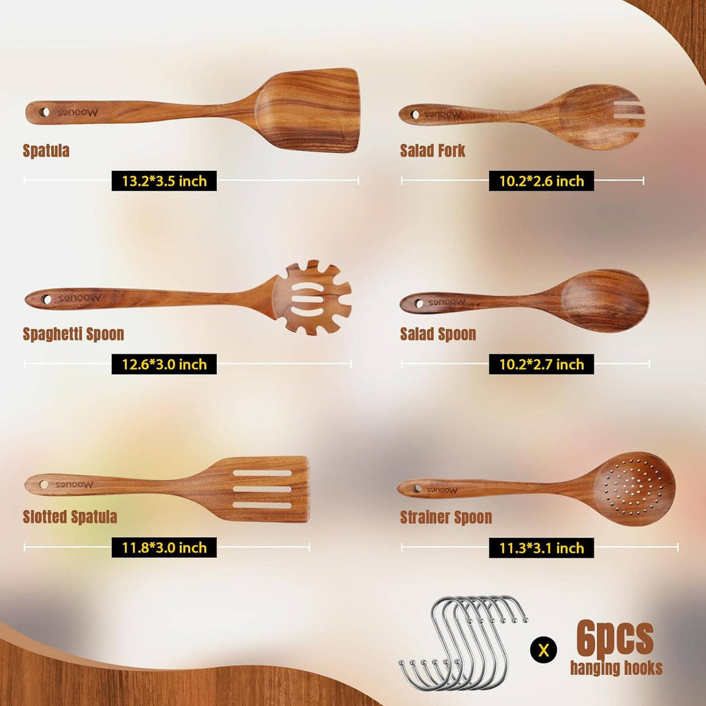 ACMETOP 6-Piece Natural Teak Wooden Spoons for Cooking With 10 Hooks，Handcrafted Kitchen Utensils Set ，Ideal Gift Set