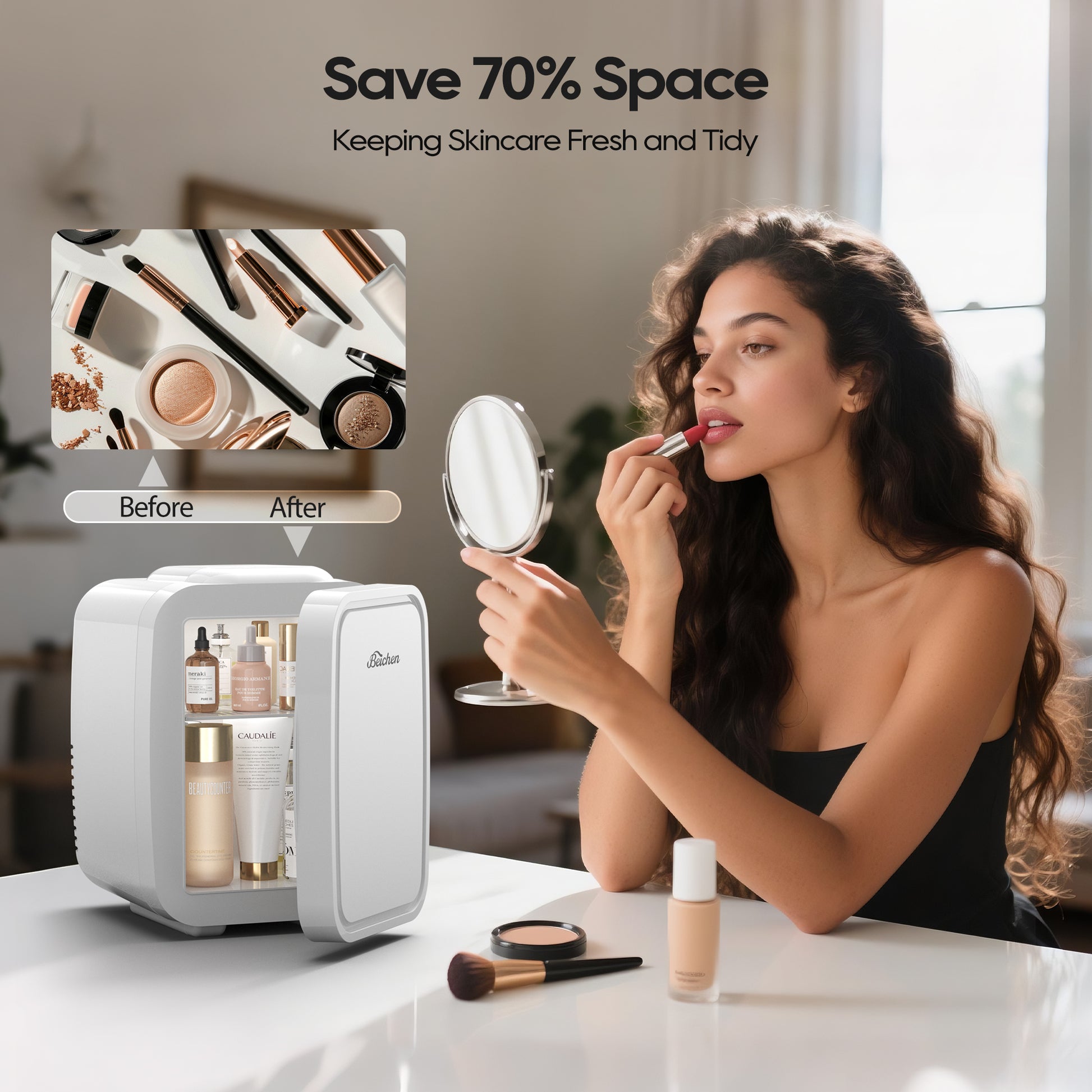 BEICHEN Mini Fridge, 4L/6 Can Small Refrigerator for Bedroom, Car, Office & Dorm,110V AC/ 12V DC Thermoelectric Cooler and Warmer for Cosmetics, Beverage and Food, Black