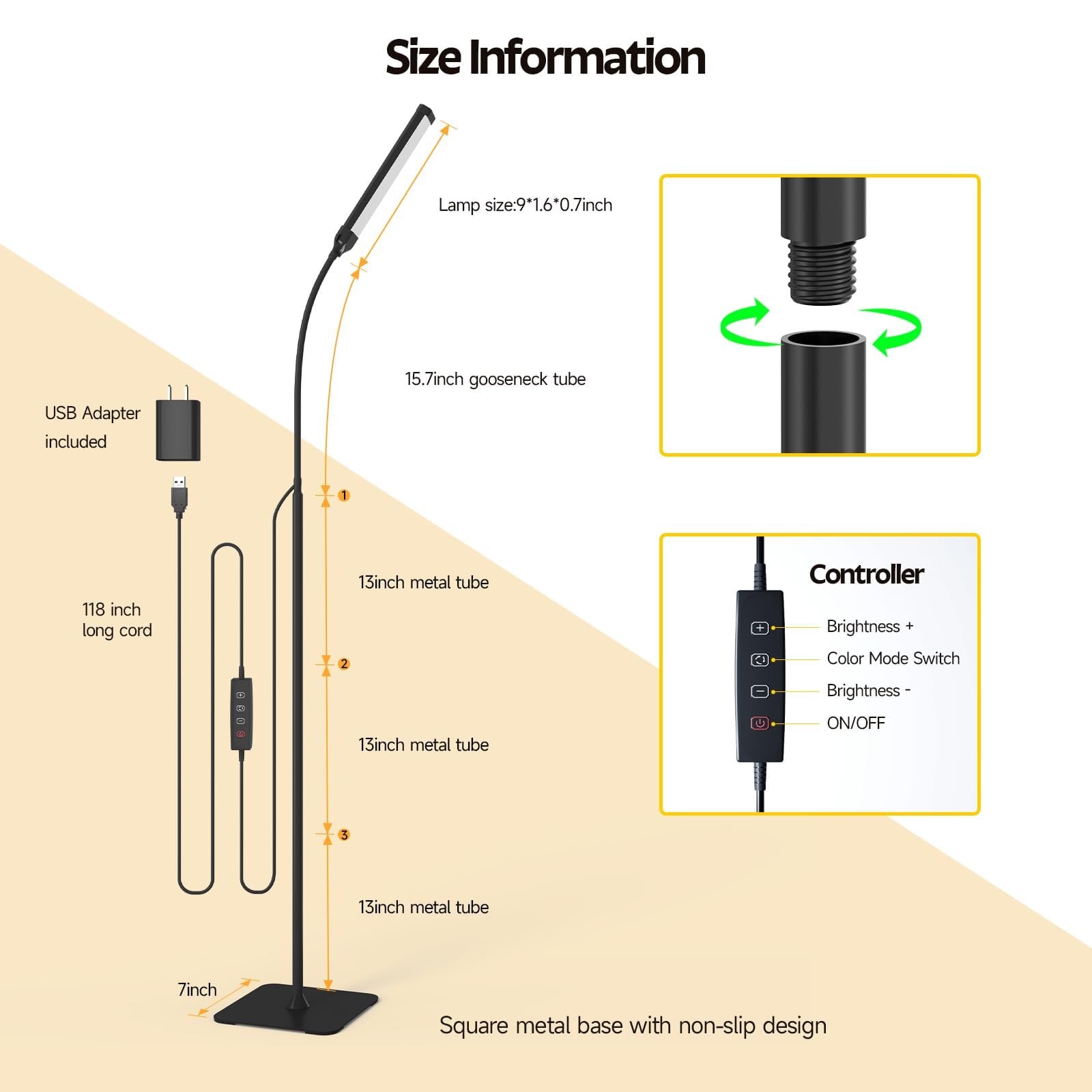 ACMETOP LED Floor Lamp & Desk Lamp with Remote, Nightlight Mode, 3 Color Temps, 1H Timer, USB Powered, Adjustable Height & Gooseneck