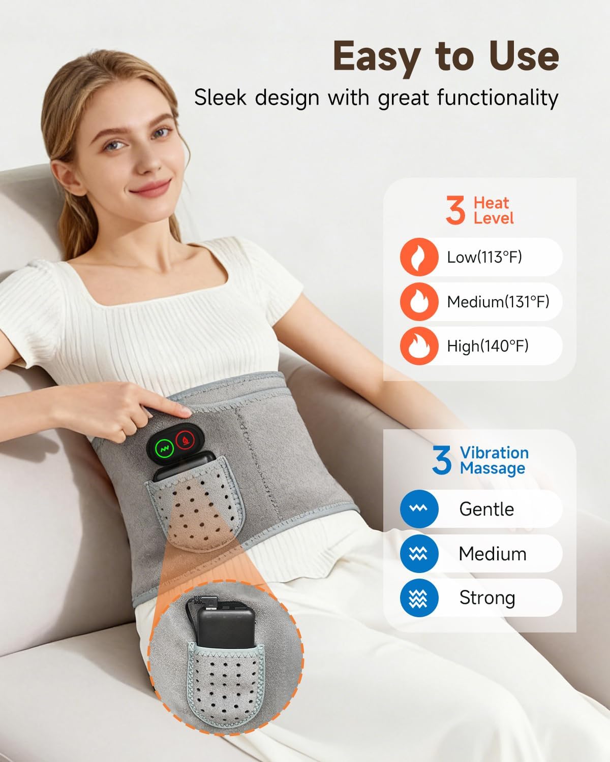 Morfone Cordless Heating Pad with Massager for Back, Portable Lower Back Massager with 3 Heat & 3 Vibration, Wearable Heat Belt Gift for Women Men,Gray
