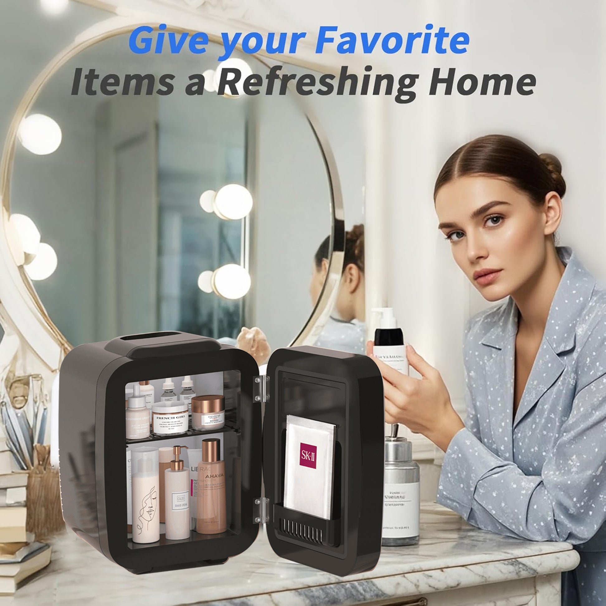 BEICHEN 4L Mini Skincare Fridge with LED Mirror – Portable Beauty Fridge for Makeup, Drinks, and Cosmetics – Quiet Small Refrigerator for Bedroom, Office, Dorm, or Car Use