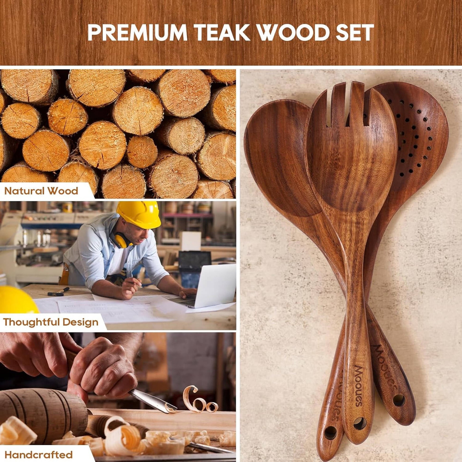 ACMETOP 6-Piece Natural Teak Wooden Spoons for Cooking With 10 Hooks，Handcrafted Kitchen Utensils Set ，Ideal Gift Set