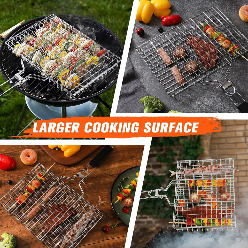 ACMETOP Grill Baskets for Outdoor Grill, Stainless Steel Large Folding Grilling Baskets with Detachable Handle, Grilling Accessories for Fish, Shrimp, Vegetables