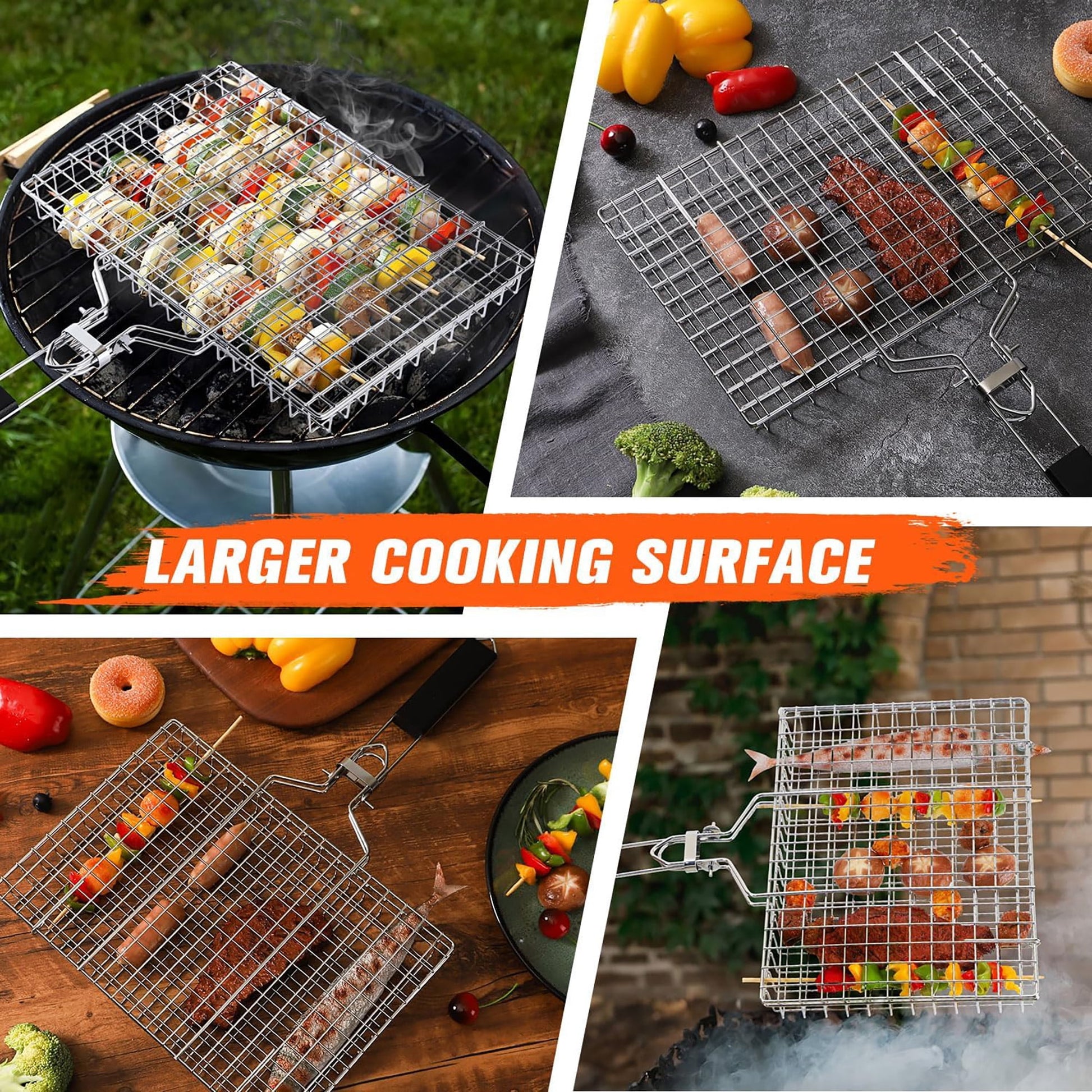 ACMETOP Grill Baskets for Outdoor Grill, Stainless Steel Large Folding Grilling Baskets with Detachable Handle, Grilling Accessories for Fish, Shrimp, Vegetables