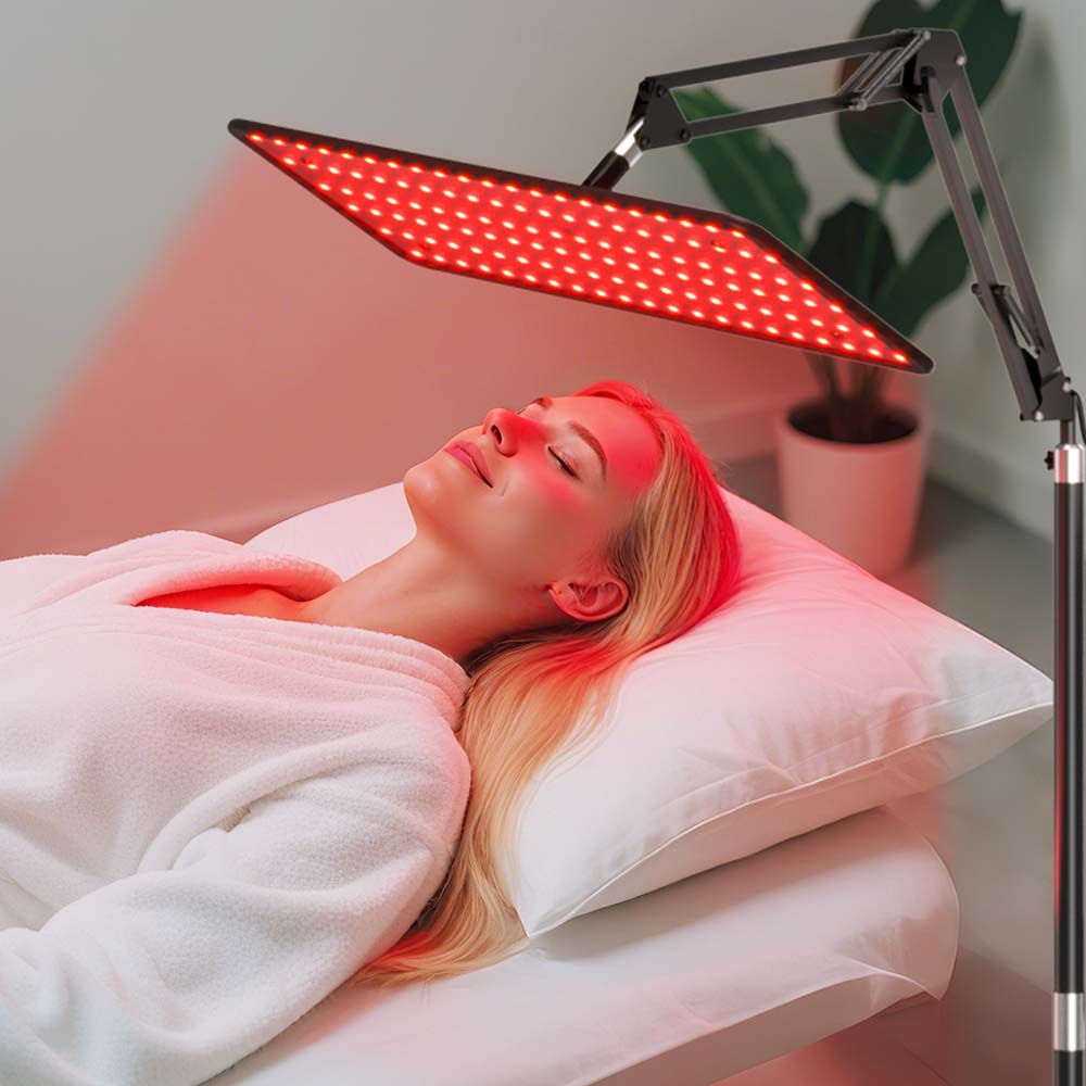 Morfone 120 LED Red Light Therapy Device with 660nm, 850nm, and 940nm Wavelengths. Suitable for body and facial care. Equipped with glasses