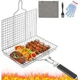 Aisutha Grill Basket, BBQ Grilling Basket for Outdoor Grill, Stainless Steel Large Folding Grilling baskets for Fish Vegetables,Chicken [Storage bag, Brush, Glove included], Perfect Gift for Man & Dad
