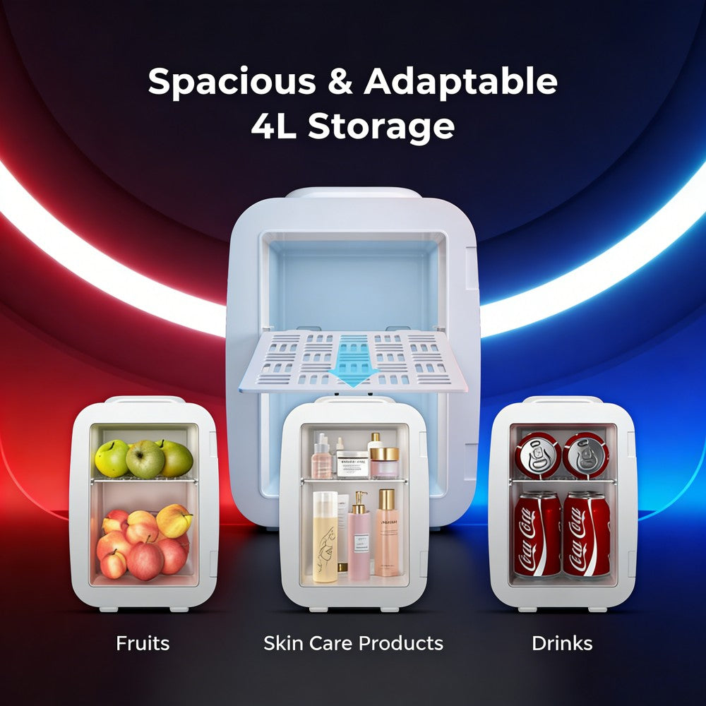 BEICHEN 4L Mini Fridge Adjustable LED Lighting AC/DC Portable Dual Temperature Bedroom Office Game Room Car Use